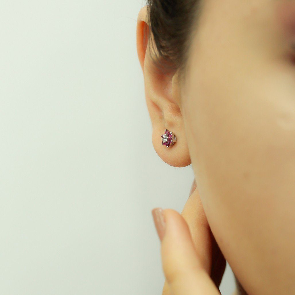 EinStein Diamant Paar Ohrstecker Diamant Rubin Gänseblümchen Ohrringe 14 Karat Weißgold, Rubin Diamant Ohrstecker