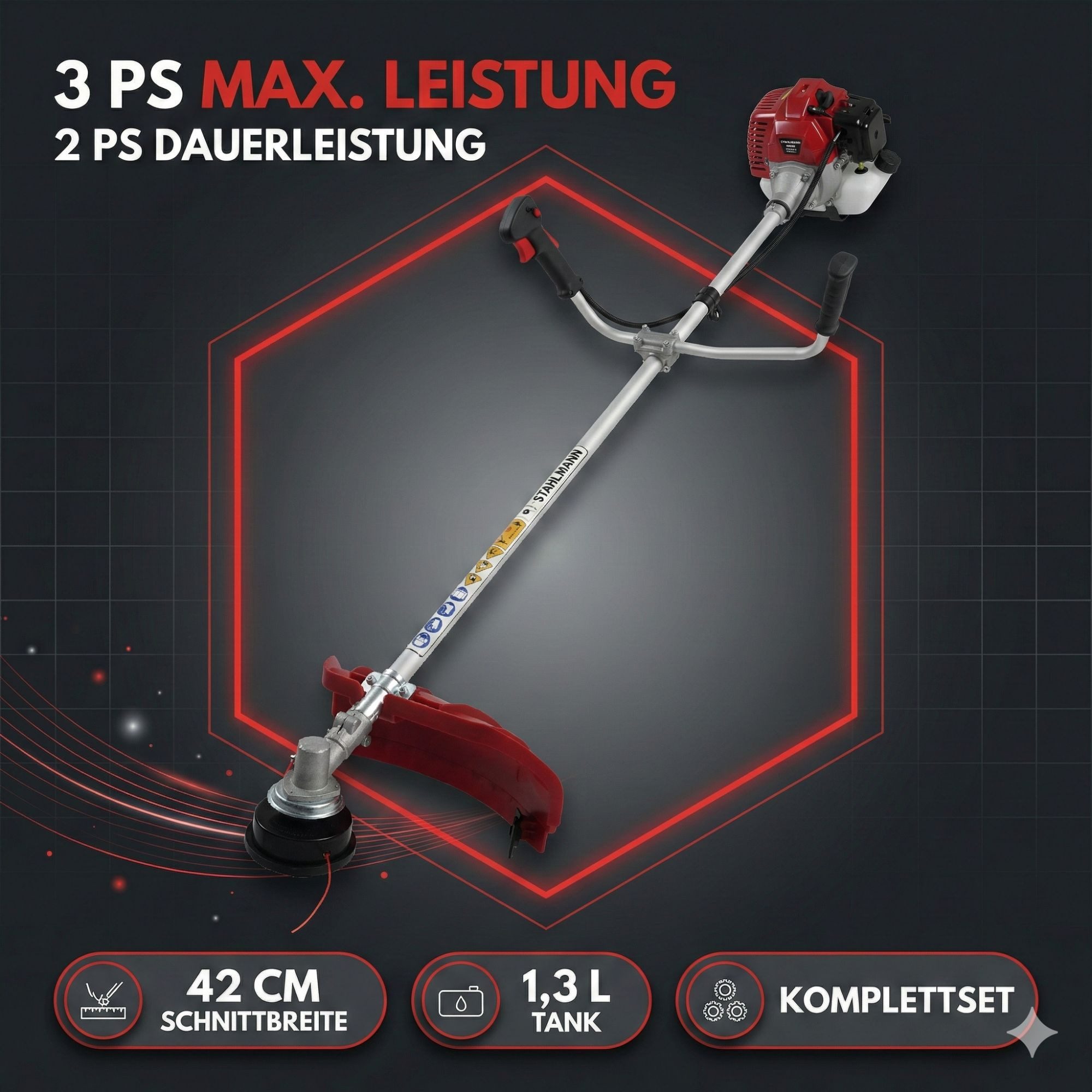 Stahlmann Benzin-Motorsense Stahlmann Freischneider Benzin MS520 – Motorsense Benzin, (Rasenkantenschneider und Rasentrimmer mit Tragegurt), mit kraftvollem 2PS Motor, 42cm Schnittbreite, 1,3 Liter 2-Takt