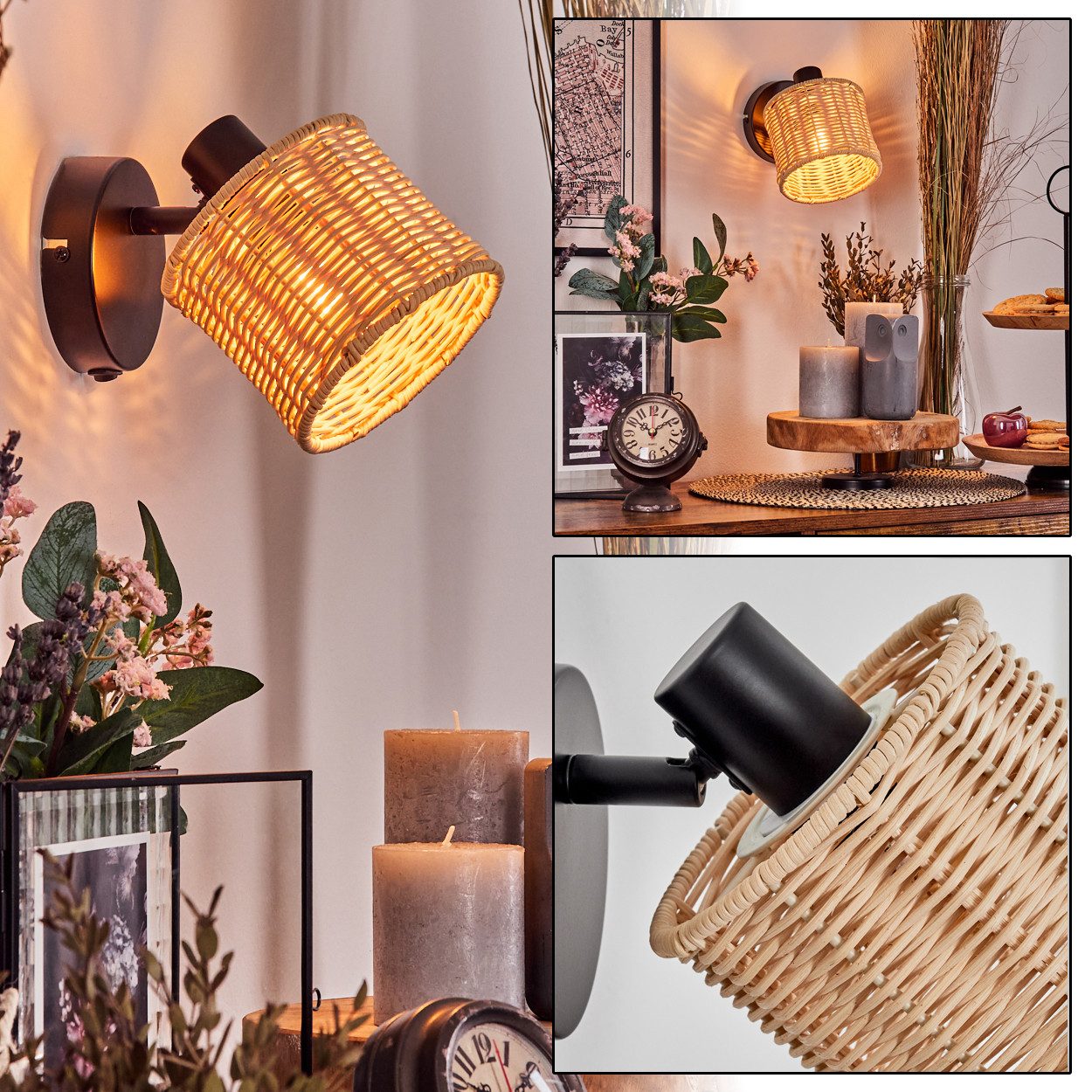 hofstein Deckenleuchte verstellbare Wandlampe aus Metall/Rattan in Schwarz/Natur, ohne Leuchtmittel, Leuchte mit verstellbarem Schirm(12 cm), 1 x E14, ohne Leuchtmittel