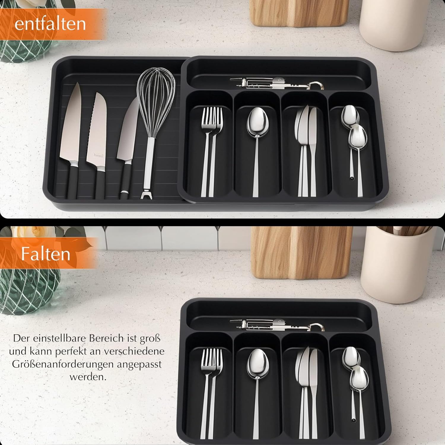 Zedelmaier Besteckhalter Verstellbare Breite für Schubladen Besteckkasten, (Einstellbarer Bereich 32,5-59,5cm), Schubladen-Organizer für die Küche für Löffel, Gabeln, Messer, groß