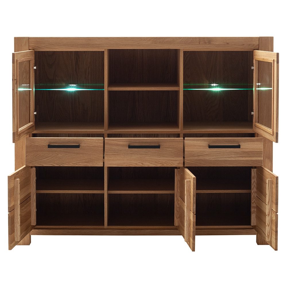 Lomadox Highboard SELISTE-06, Massivholzmöbel, Eiche teilmassiv geölt, 172cm breit, LED-Beleuchtung