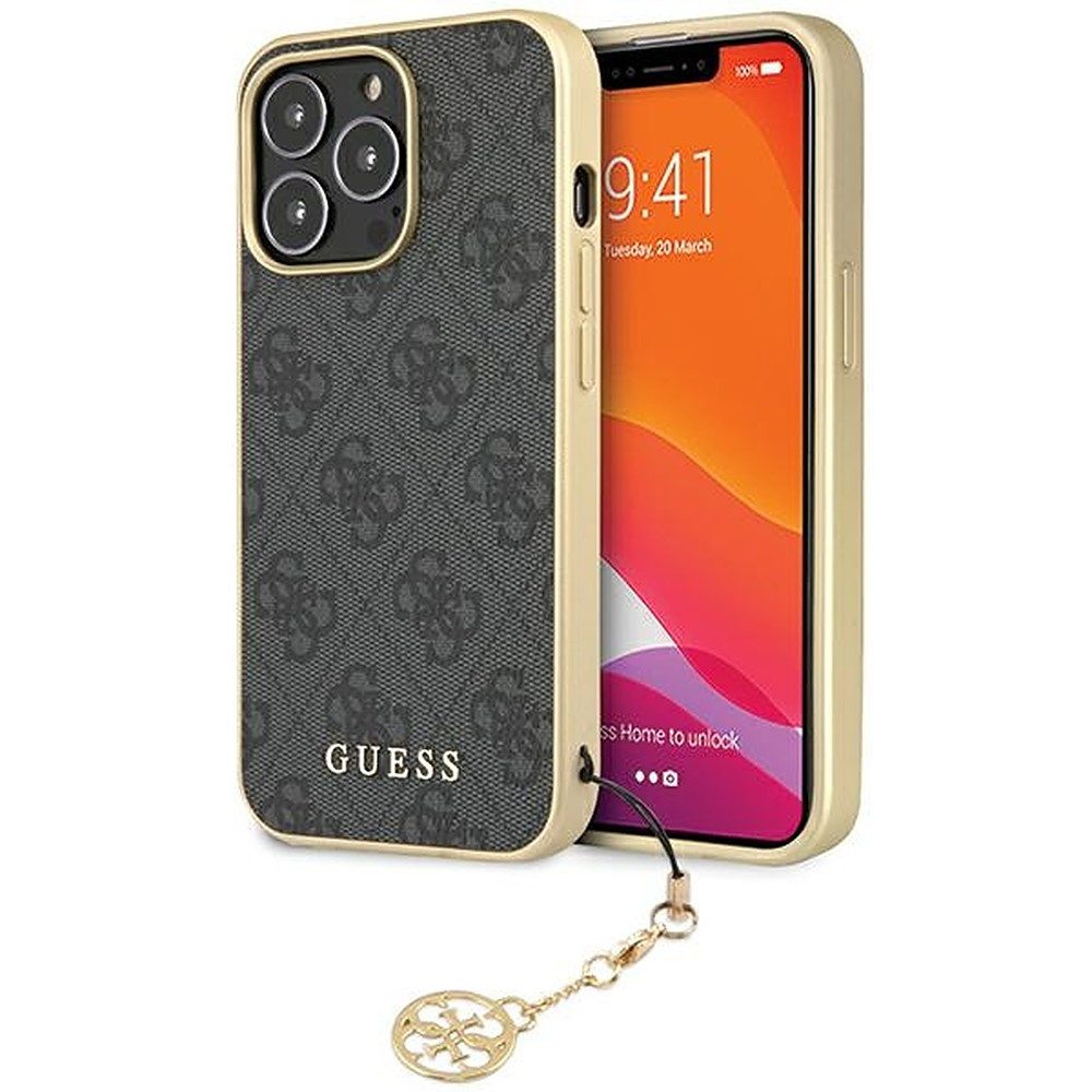Guess Handyhülle Schutzhülle Anhänger, Goldfarbener Charm-Anhänger, 4G-Musterdruck, Kunstleder-Optik