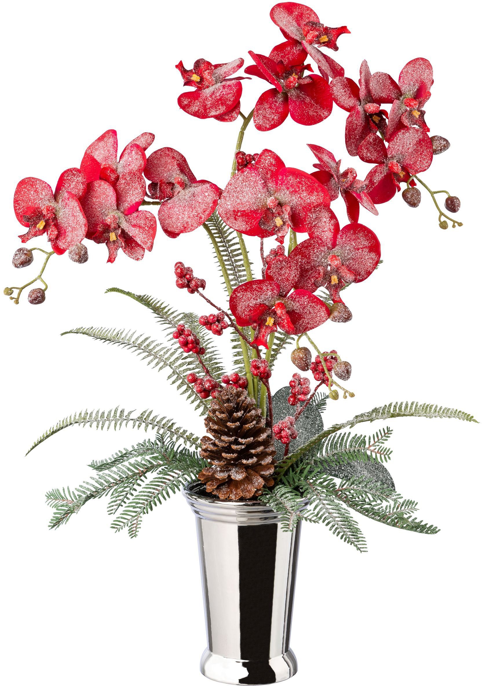 Winterliche Kunstpflanze Weihnachtsdeko Orchidee, Creativ green, Höhe 70 cm,  Gesteck in Keramikvase, dekoriert mit Zapfen, Beeren und Farnzweigen