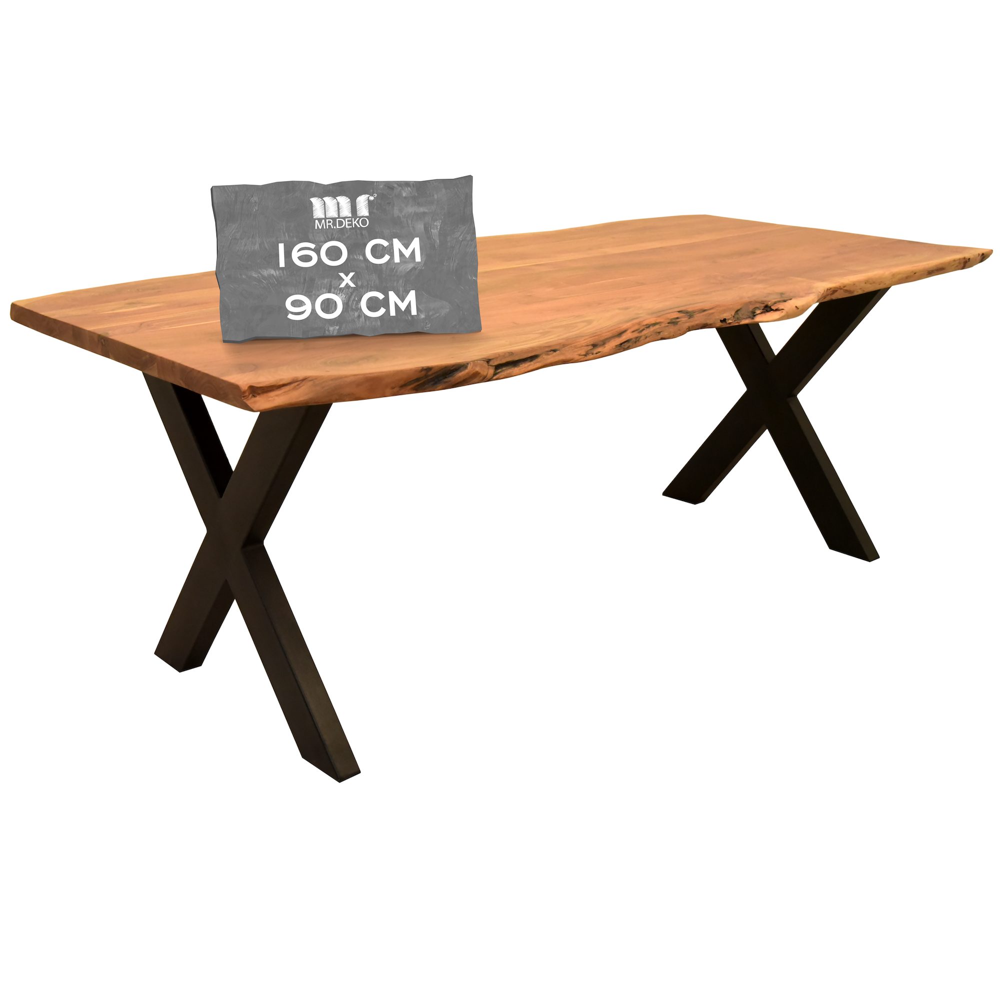 MR.DEKO Baumkantentisch Catania Esstisch aus Akazienholz Massiv geölt – Unikat Design (Holztisch verschiedene Gestelle - Esszimmer oder Küche), Natürliche Baumkante & geölte Oberfläche – moderner Massivholztisch