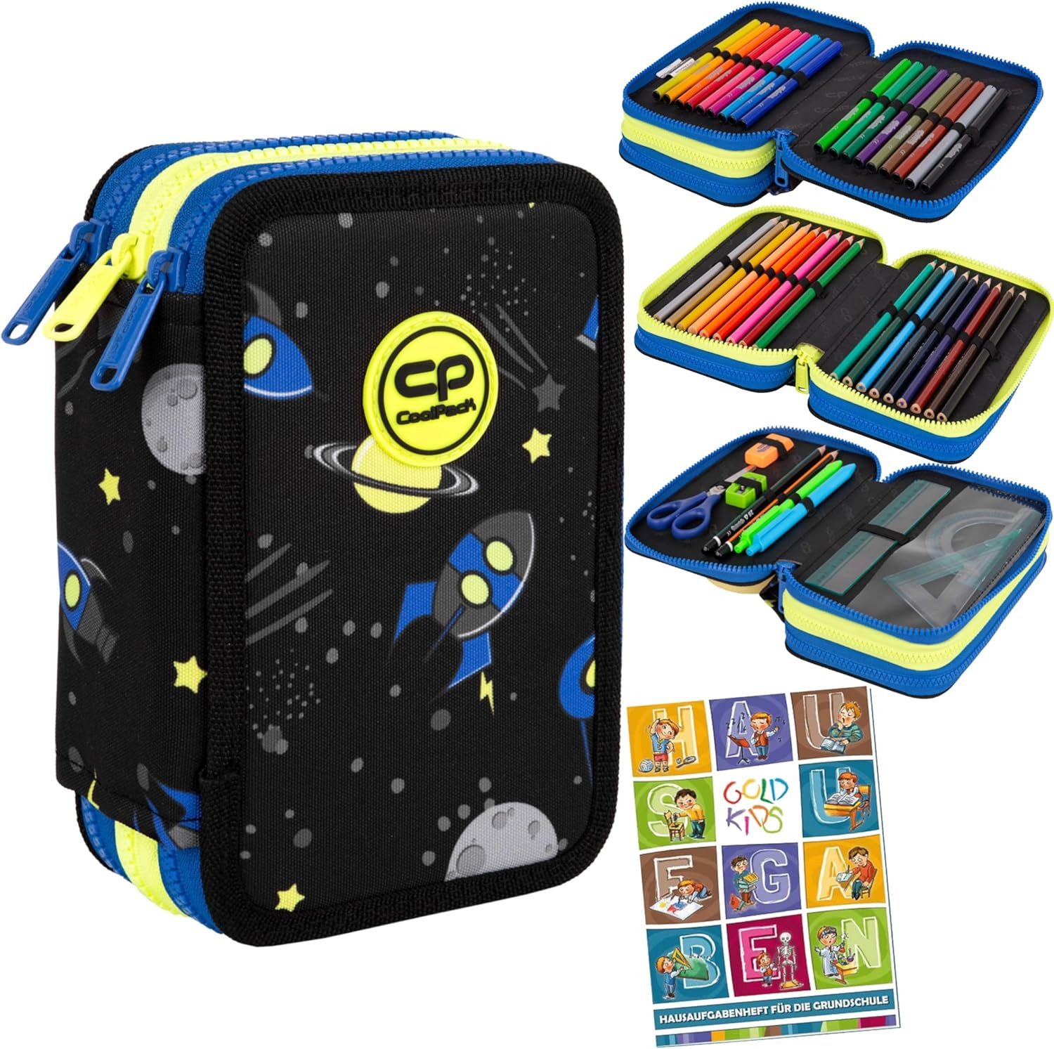 GOLDKIDS Federmäppchen 3 Fächer - Mäppchen für Mädchen und Jungen -, (Federmappe 3-Fach Federtasche, 1-tlg., Gefüllte Schüleretui 46-teilig), Schulmäppchen und Hausaufgabenheft - Raketen/Weltraum Motiv