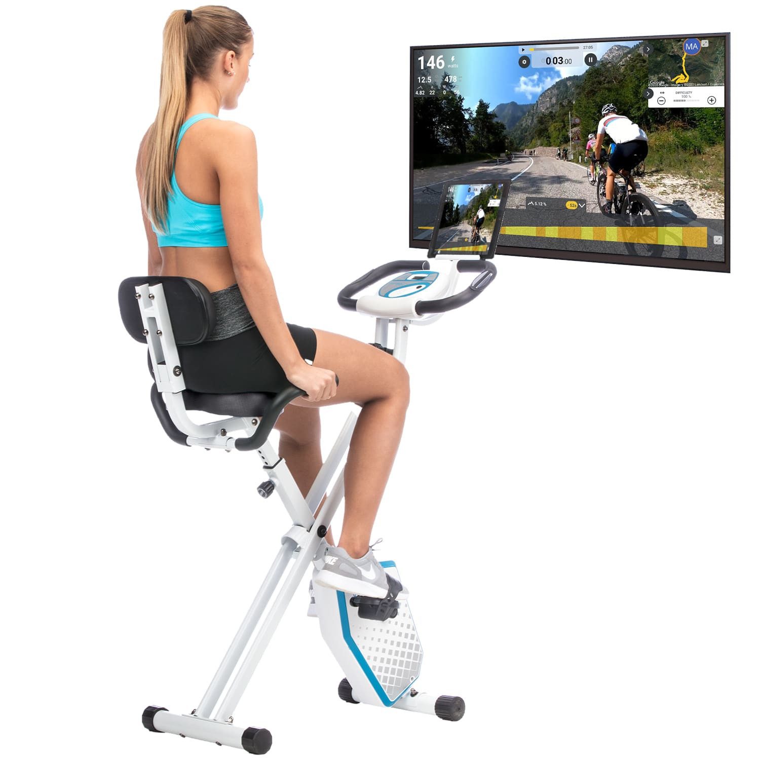 Skandika Heimtrainer Foldaway X-1000 Plus Fitnessbike, X-Bike, klappbar, für Zuhause, Handpuls-Sensoren, Bluetooth, Tablet-Halterung, Rückenlehne, bis 110kg