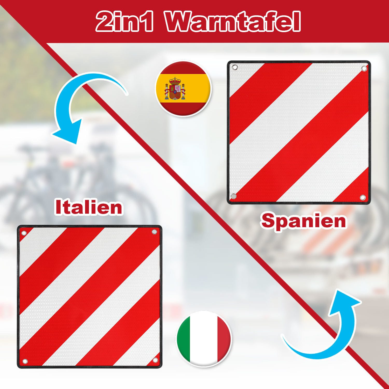 Clanmacy Warnschild 2in1 Warntafel Italien Spanien 50x50 cm Reflektierendes Warnschild, (9 St), 2 in 1 Italien und Spanien Warntafel