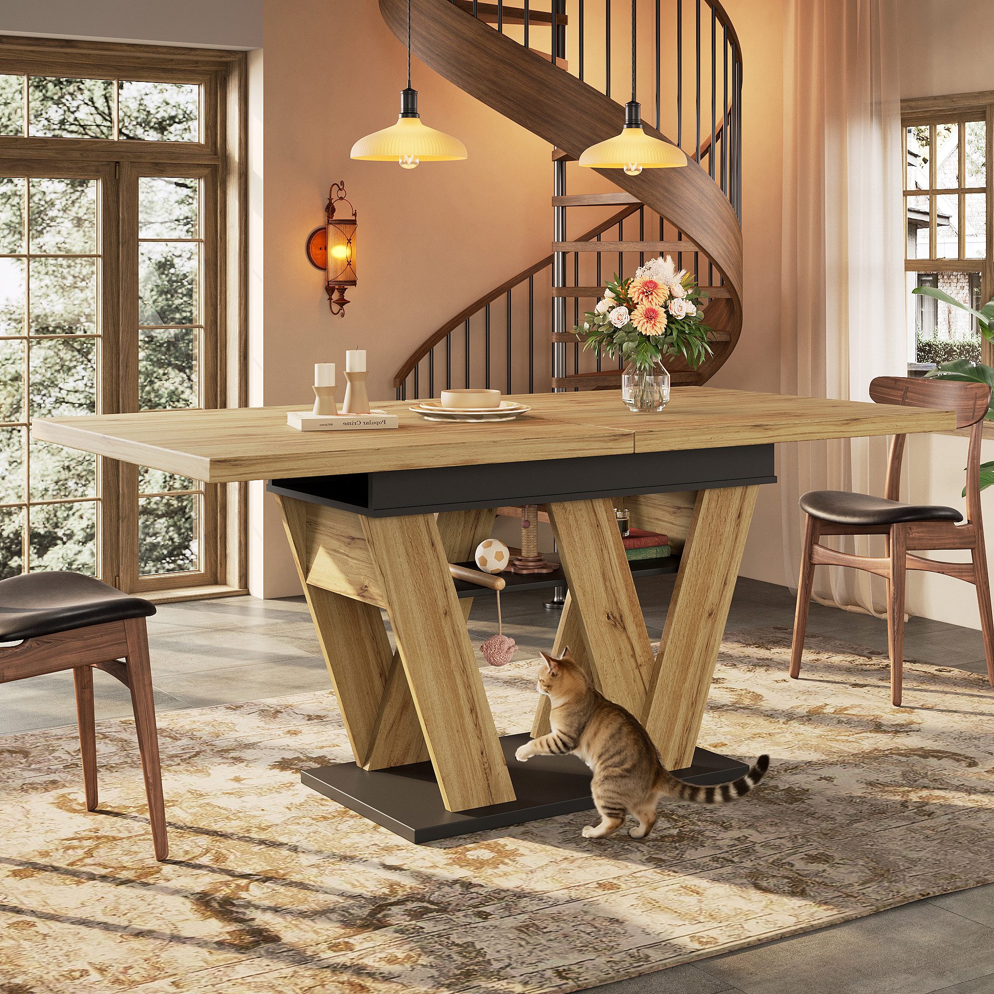 REDOM Esstisch Teleskoptisch,Moderne Esstisch (Küchentisch mit W-förmigen Beinen, Holzfarben, Platzsparend mit Stauraum, 1-St., 119-158,5×80cm), Esstisch Teleskoptisch