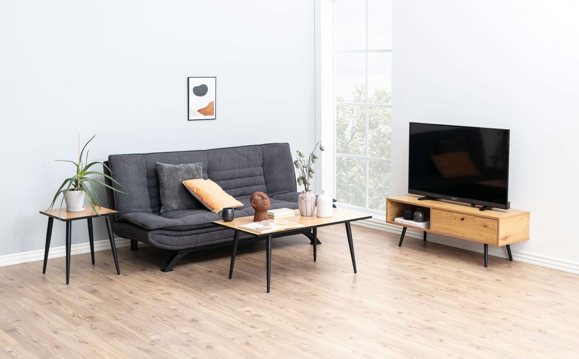 ACTONA GROUP Schlafsofa VANBY Couch, Gästebett, Liegesofa mit Microfaserbezug, Schlaffunktion, Bettsofa, Grau, Stoff, Stahl, Click & Clack-Funktion, Breite: 196 cm, Nähte an den Sitz- und Rückenkissen. Mit abnehmbaren Topper