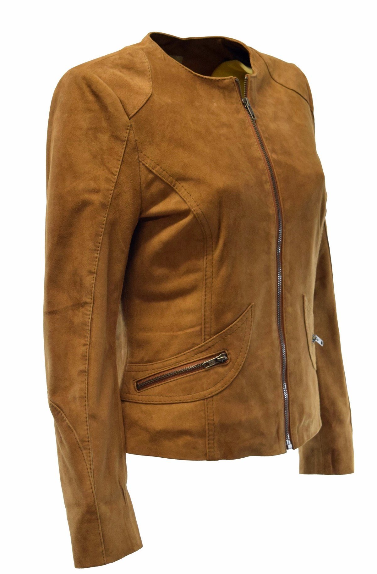 Zimmert Leather Lederjacke Bea (1-St) kragenlos, weiches Lammnappa, leichte Lederjacke, cognac, bordo, braun
