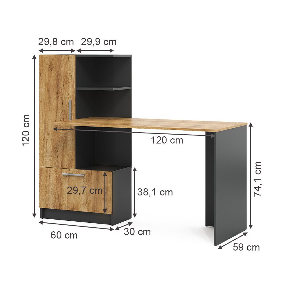 Vicco Schreibtisch Tomy, Anthrazit/Goldkraft Eiche, 150 günstig online kaufen