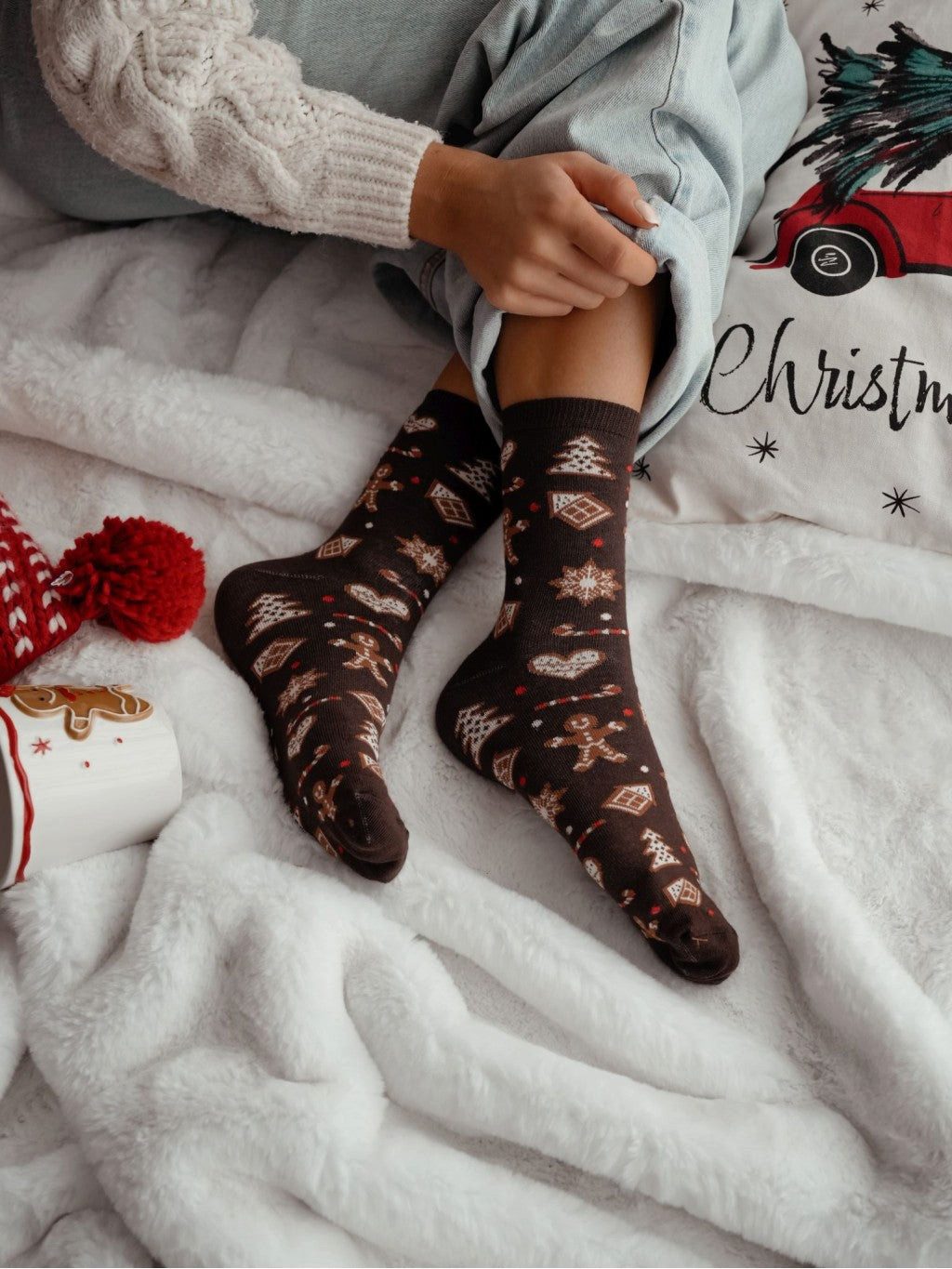 Langsocken 1 Paar Lycille Socken 37/41 aus Baumwolle mit Lebkuchen-Welt-Motiv