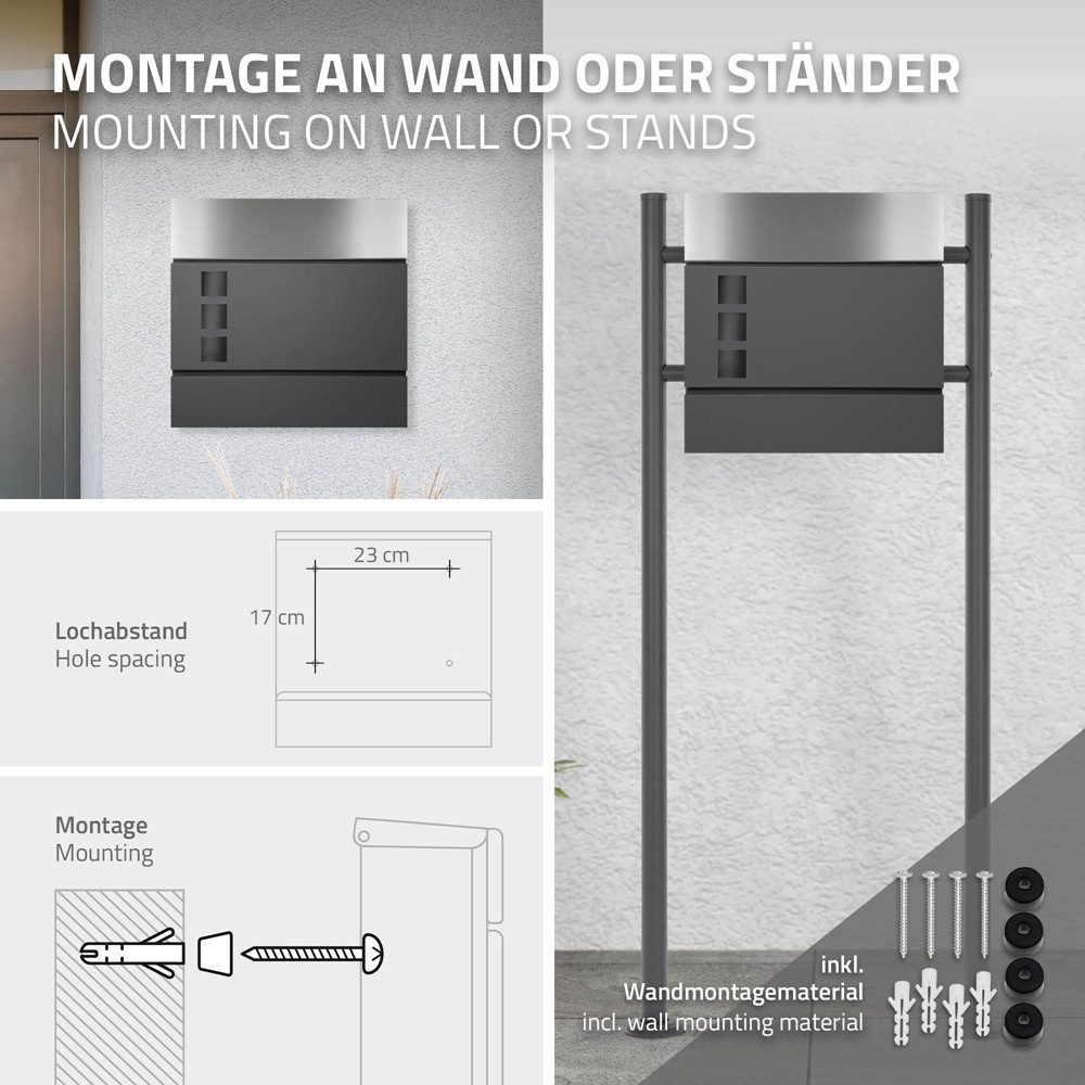 ML-DESIGN Briefkasten Wandbriefkasten Postkasten Design Briefkastenanlage Postbox, Standbriefkasten mit Zeitungsfach inkl. 2 Schlüssel Stahl – Bild 5 von 5