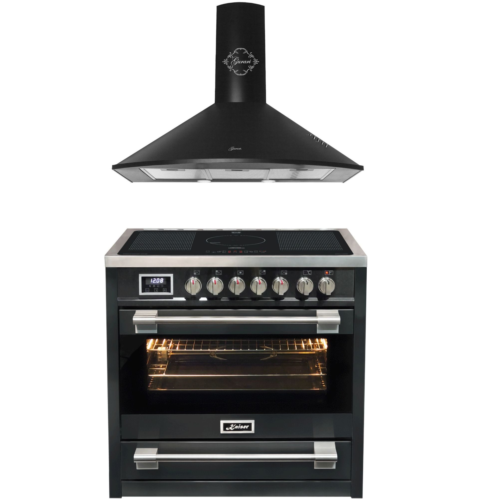 Kaiser Küchengeräte Induktions Herd-Set Induktionsherd 90 cm mit XXL Backofen 115 L, Drehspieß, Heißluftsystem+Dunstabzugshaube 90 cm, 1000m³/h,Abluft/Umluft HC 93691 IS+GCH C 046 BL 9 N, mit 1-fach-Teleskopauszug, Katalytische Selbstreinigung, Schwarz Freistehend Herd 90 cm+Dunstabzugshaube
