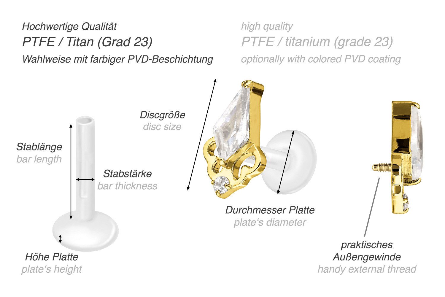PIERCINGLINE Piercing-Set PTFE Labret mit Innengewinde + Titan-Aufsatz KRISTALLSCHILD (Labrets, 1-tlg)