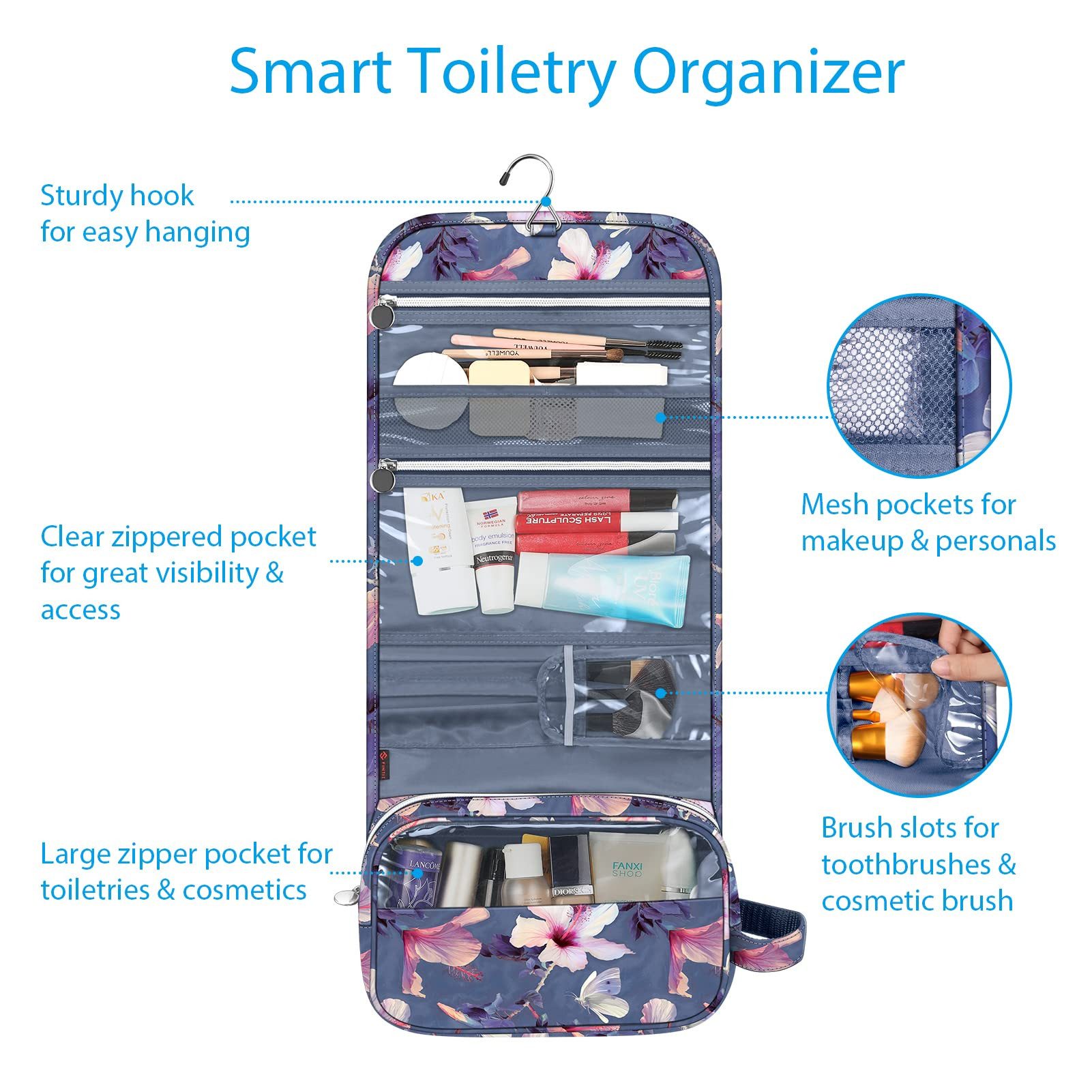 Fintie Kulturbeutel Tragbare Kulturtasche Kosmetiktasche Reisetasche, Große wasserdichte, Aufhängen Make-up Organizer Stauraum Tasche für Damen Mädchen – Bild 2 von 5