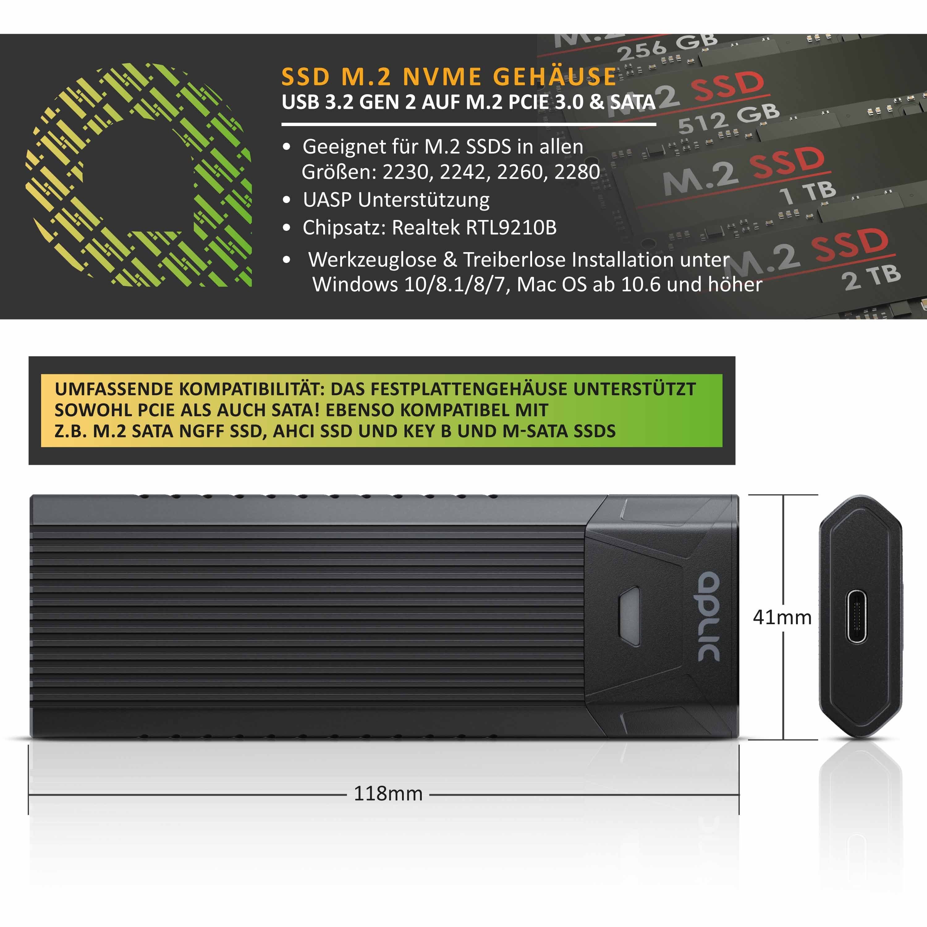 Aplic Festplatten-Gehäuse, M.2 NVMe Gehäuse USB 3.2 Gen 2, PCIe 3.0 und SATA kompatibel