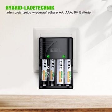 EBL 4 Fach 9V Akku Ladegerät für NI-MH AA/AAA Akku Schnell Ladegerät Batterie-Ladegerät (1-tlg)