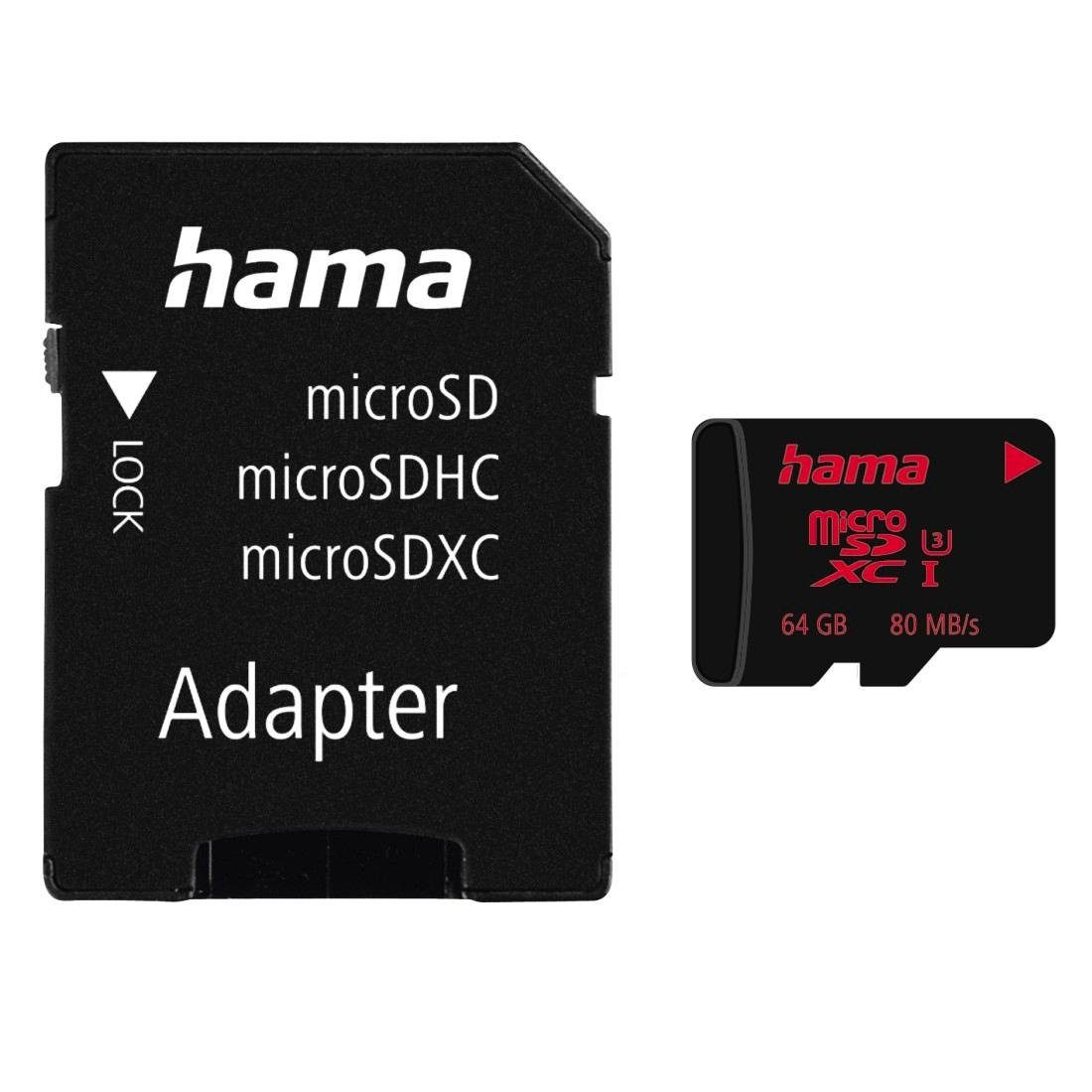 Hama microSDHC 16GB UHS Speed Class 3 UHS-I 80MB/s + Adapter/Foto Speicherkarte (64 GB, UHS Class 3, 80 MB/s Lesegeschwindigkeit)
