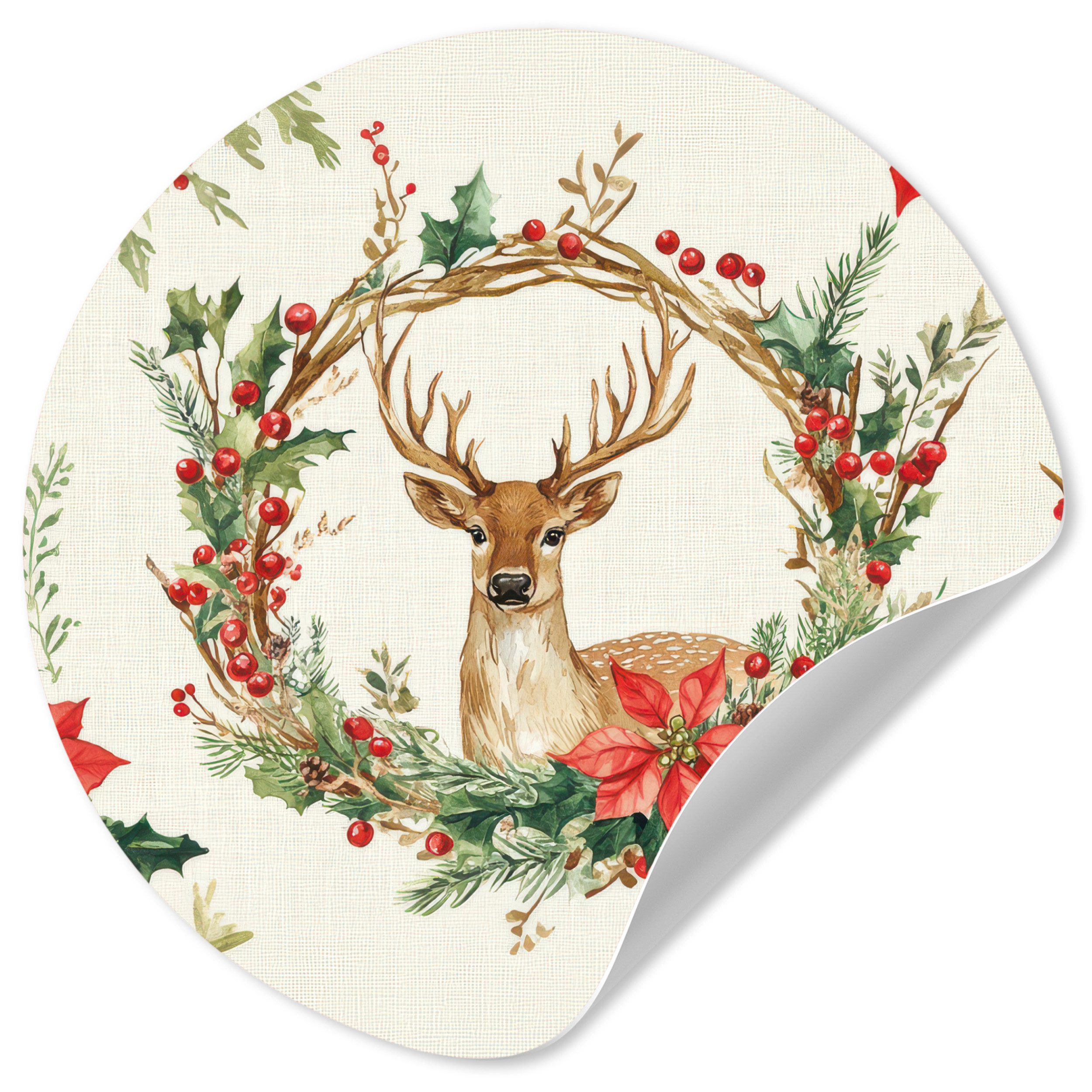 MuchoWow Wandsticker Weihnachtskranz - Hirsch - Stechpalme - Rot (1 St), Selbstklebende Runde Vliestapete, Wohnzimmer, 140x140 cm