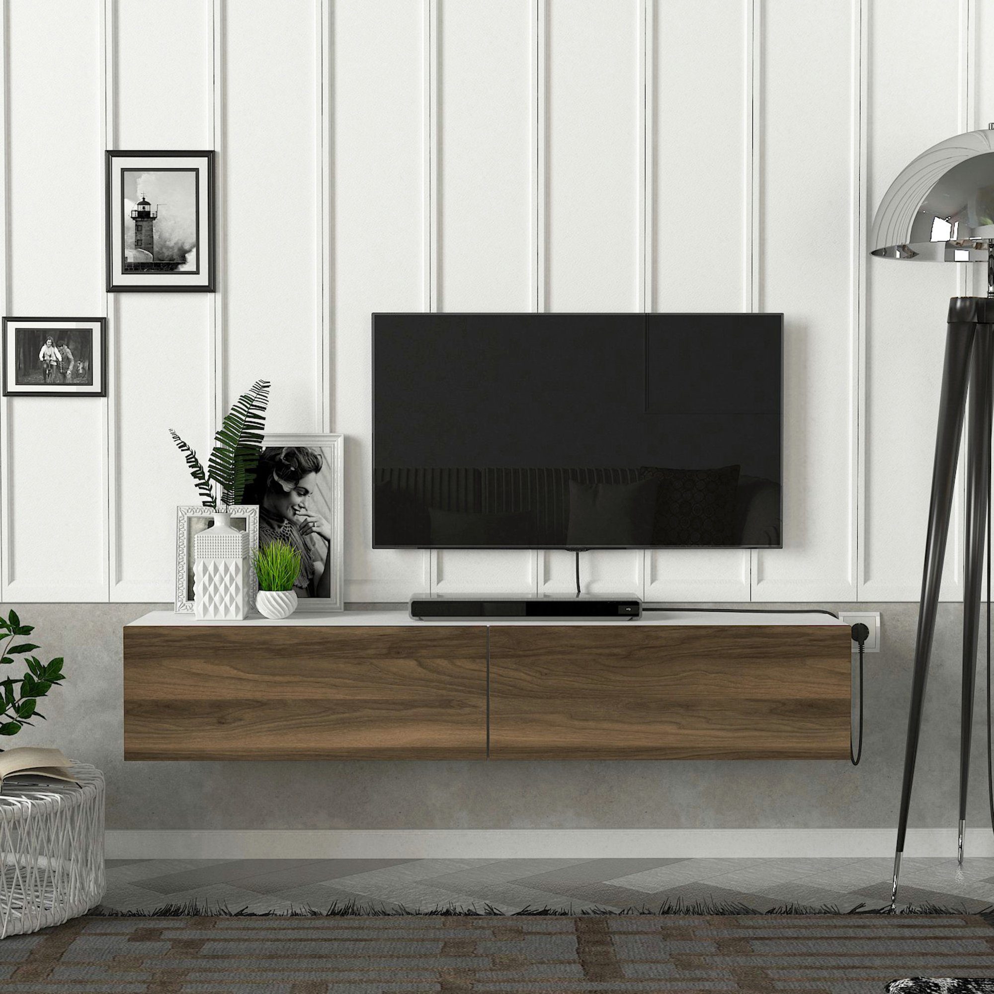 en.casa TV-Schrank »Toivakka« Fernsehschrank 135x31x25cm Weiß/Walnuss-Optik günstig online kaufen
