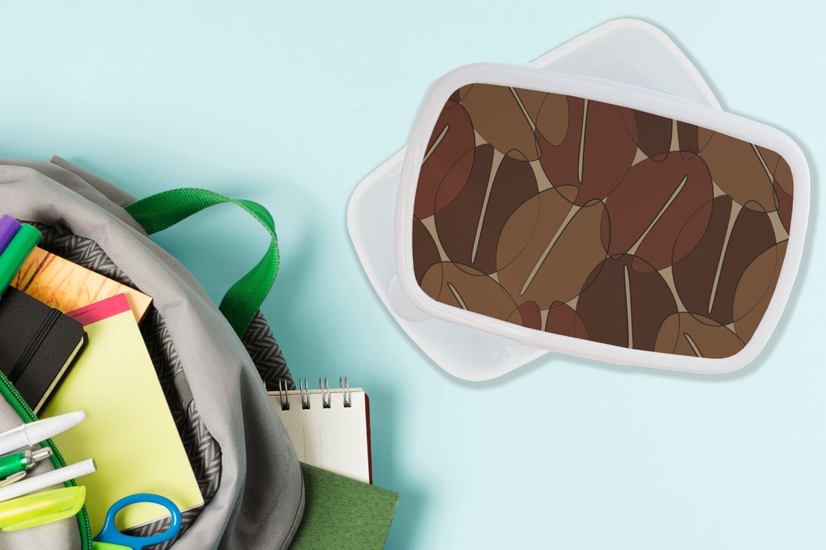 MuchoWow Lunchbox und und - Brotbox Kunststoff, Kaffeebohnen Kinder Mädchen Jungs Muster Brotdose, (2-tlg), für für - Erwachsene, weiß Kaffee