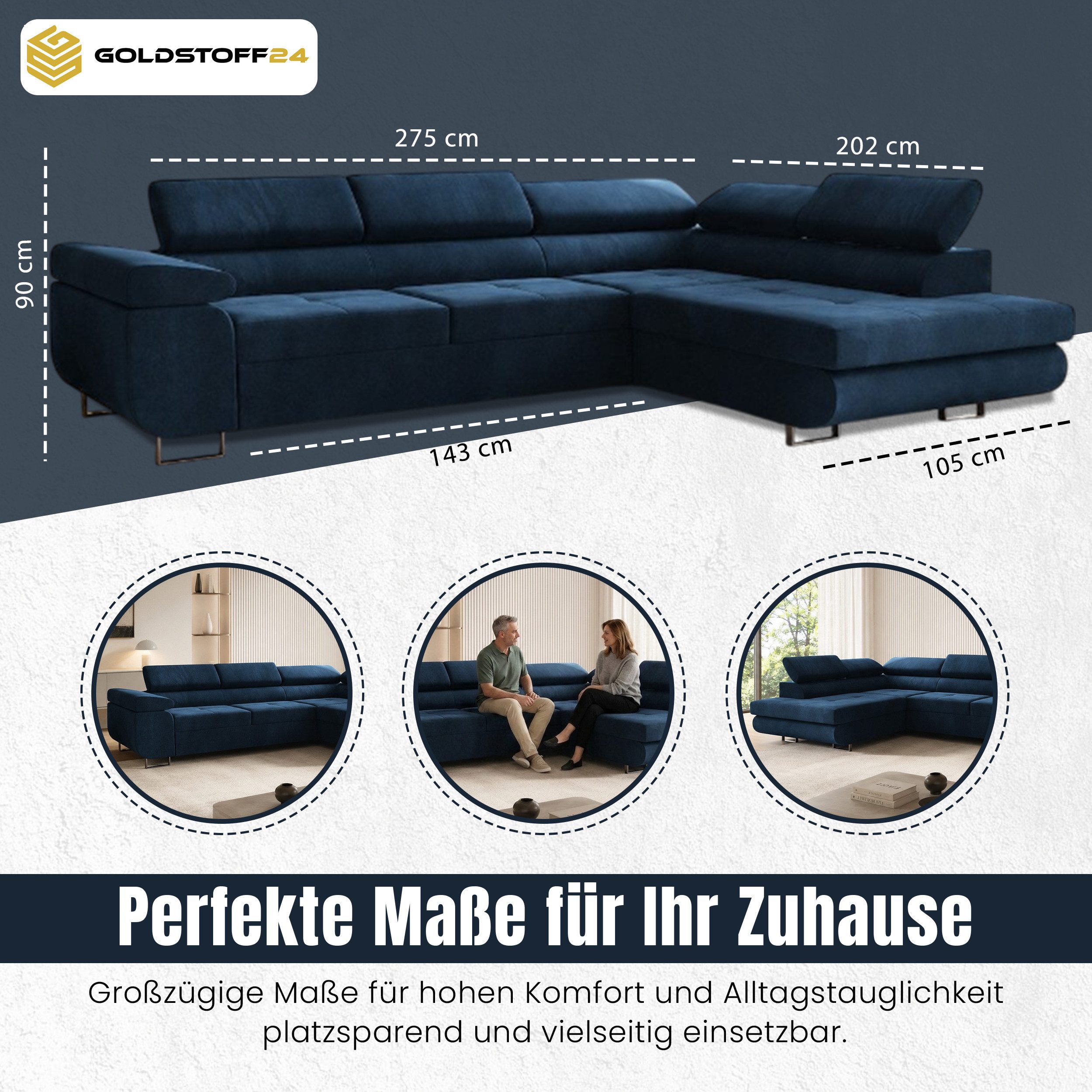 Goldstoff Ecksofa mit Schlaffunktion - Designersofa, Sofa mit Bettfunktion & Bettkasten, Schlafsofa RIVIA, multifunktionale Couch mit verstellbaren Kopfstützen in blau