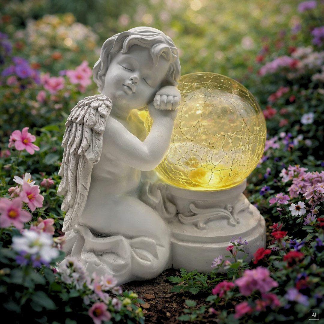 abc HOME Gartenfigur Engel mit Beleuchtung, LED, Solarpanel, Glas mit Crackele-Effekt