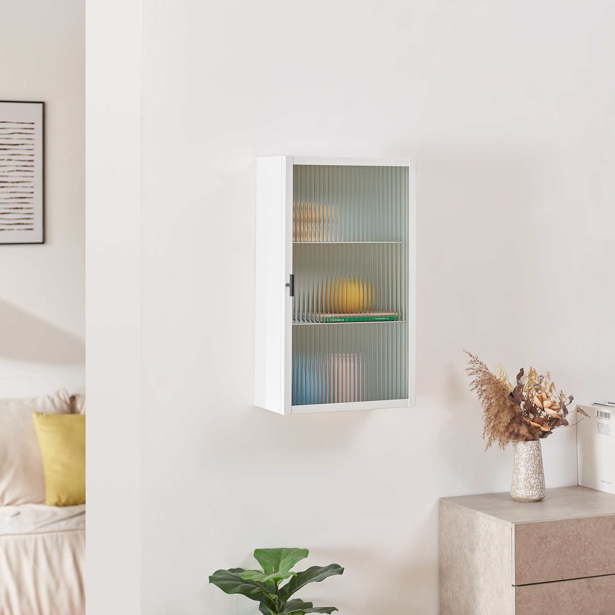 en.casa Hängeschrank »Zundert« 60 x 35 x 15 cm mit geriffelter Glastür Stahl Weiß – Bild 2 von 5