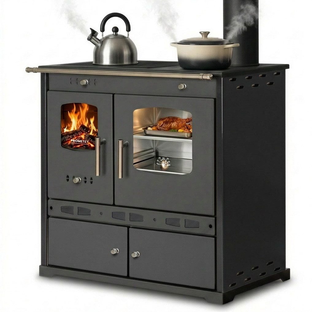 Prometey Holzherd ECO LUX INOX, Edelstahlbackfach, schwarz, rechte Version, 7,1 kW