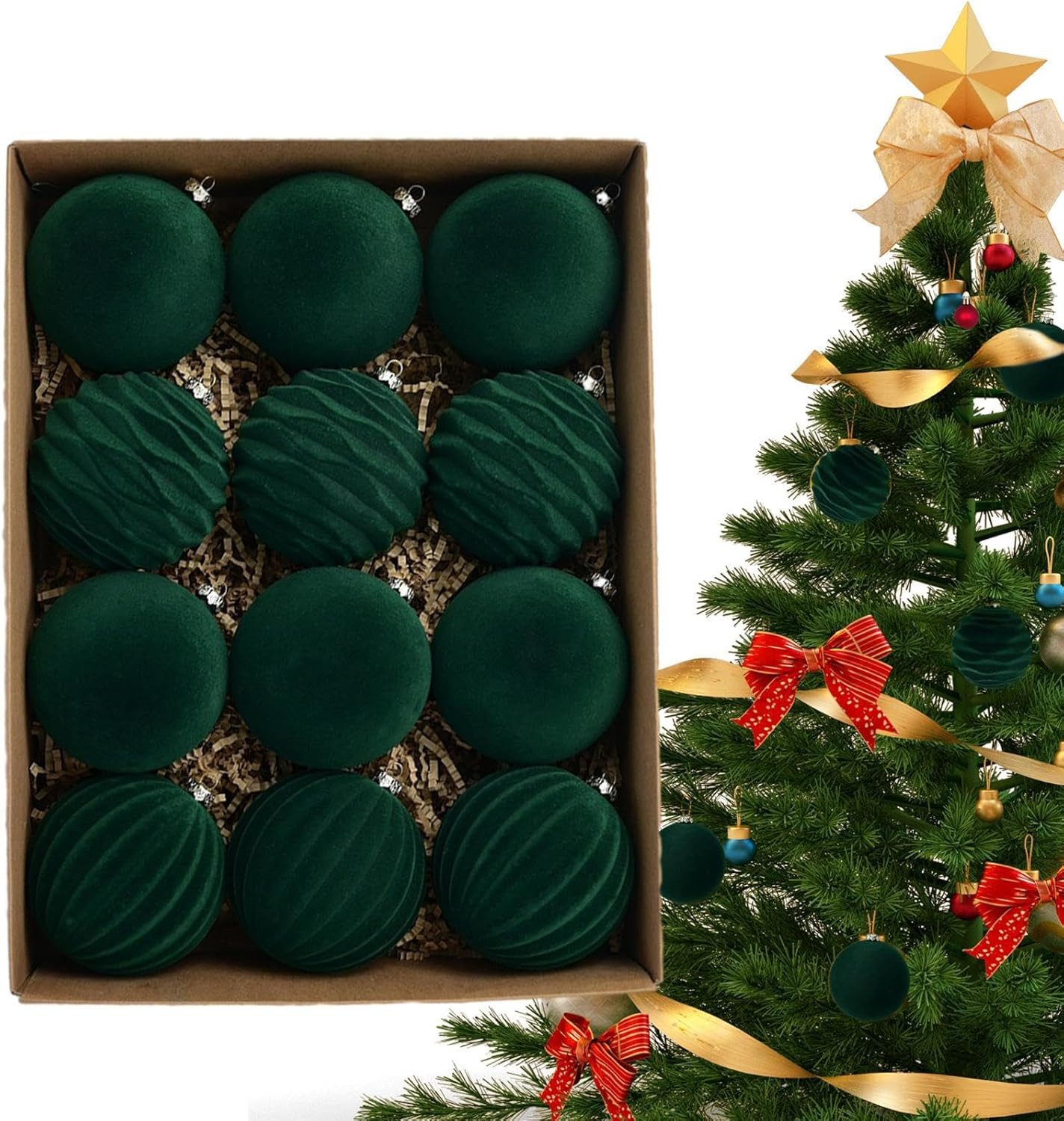 Coonoor Weihnachtsbaumkugel 12 Stück Samt Weihnachtskugeln Beflockt Weihnachtskugeln Set