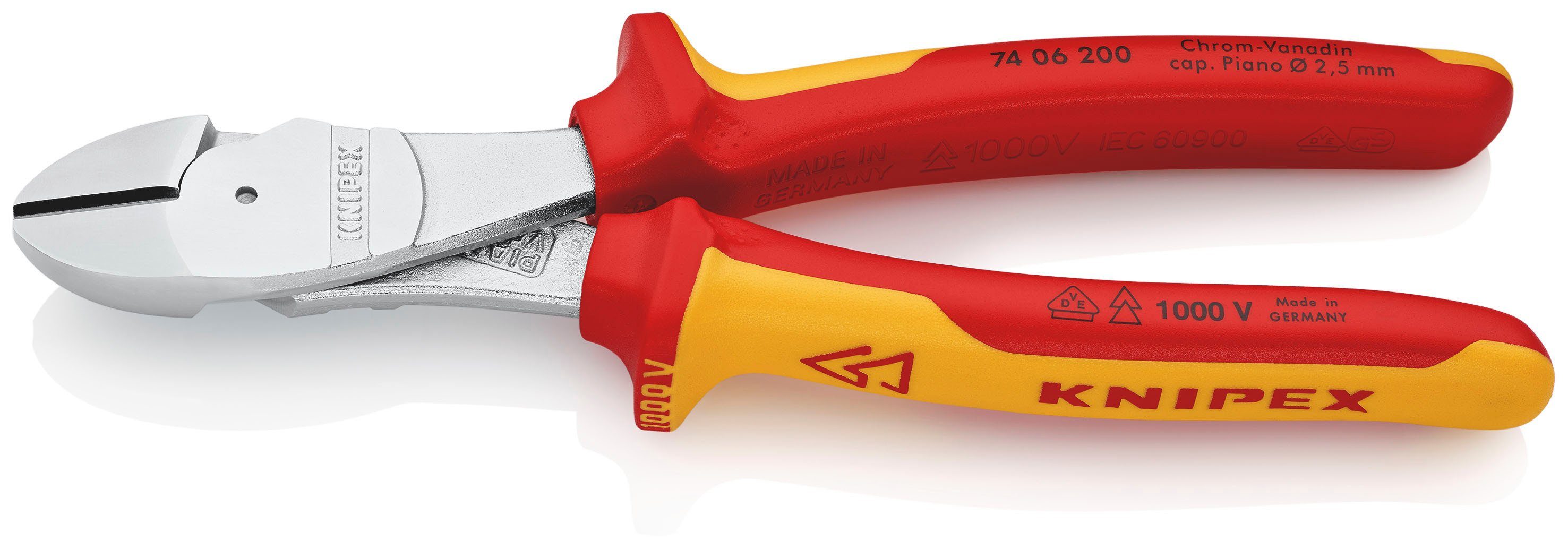 Knipex Kraftseitenschneider 74 06 200, verchromt, isoliert mit Mehrkomponenten-Hüllen, VDE-geprüft 200 mm