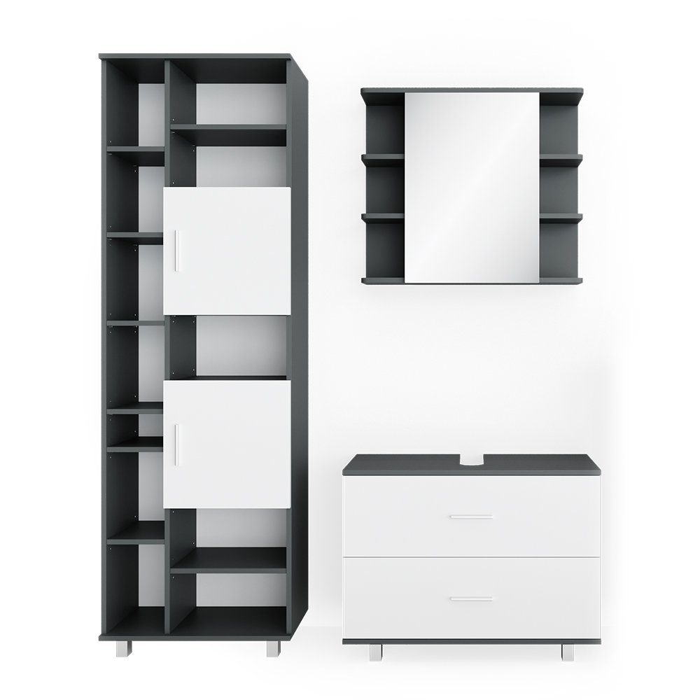 Vicco Badmöbel-Set Ilias, Anthrazit/Weiß, 3 Teile, mit Hochschrank, (3-er Set, 3-St., 3er Set)