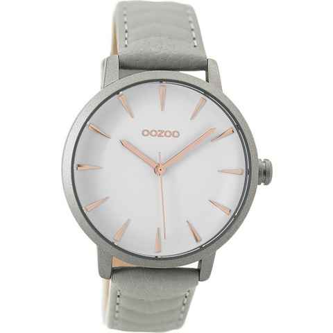 OOZOO Quarzuhr Oozoo Leder Damen Uhr C9506 Quarzuhr, (Analoguhr), Damenuhr Lederarmband grau, rundes Gehäuse, groß (ca. 40mm)