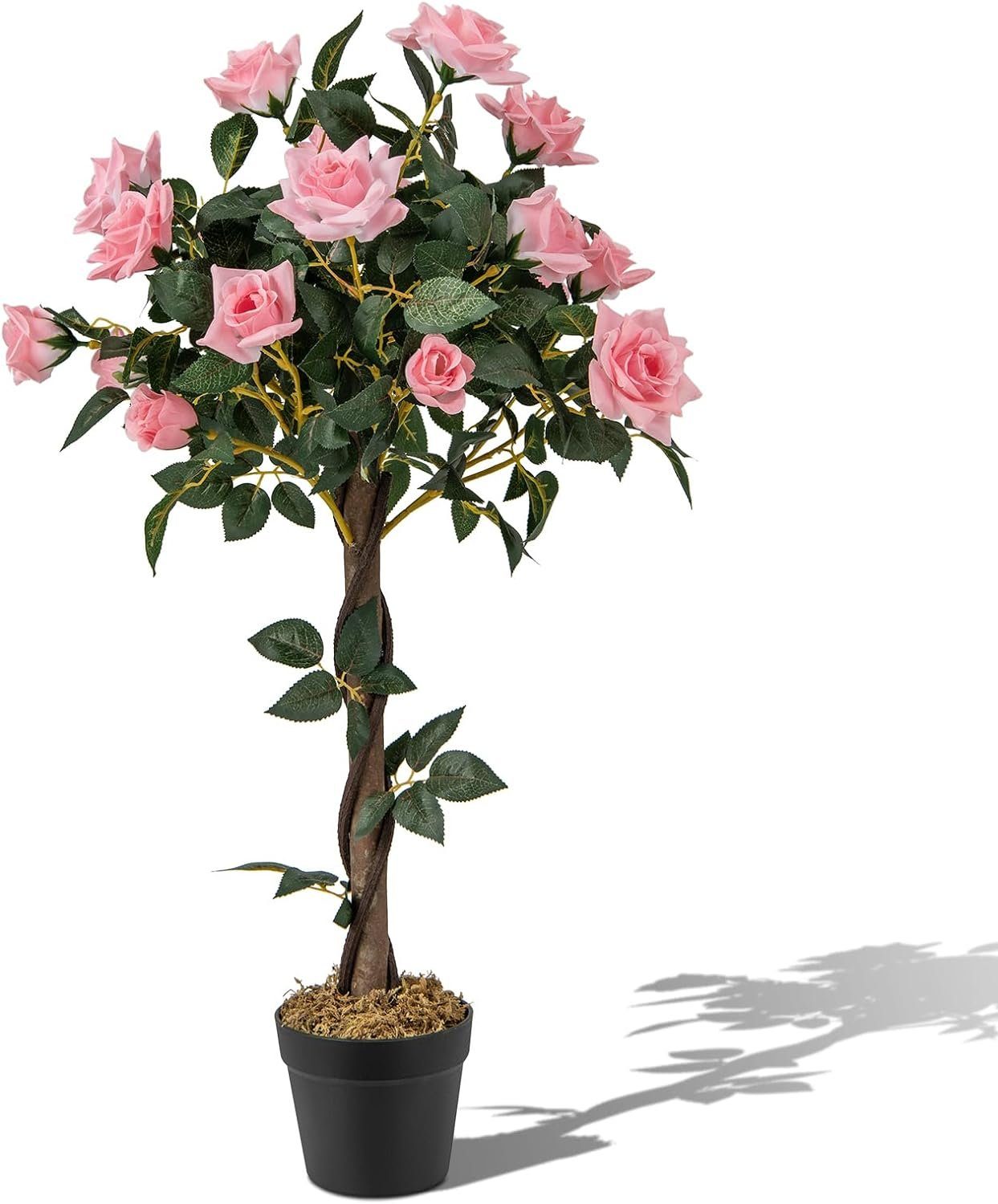 Kunstpflanze Rosenbaum, KOMFOTTEU, Höhe 93 cm, mit 21 Rosa Rosen & 259 Blättern & Echtholzstamm, 93 cm