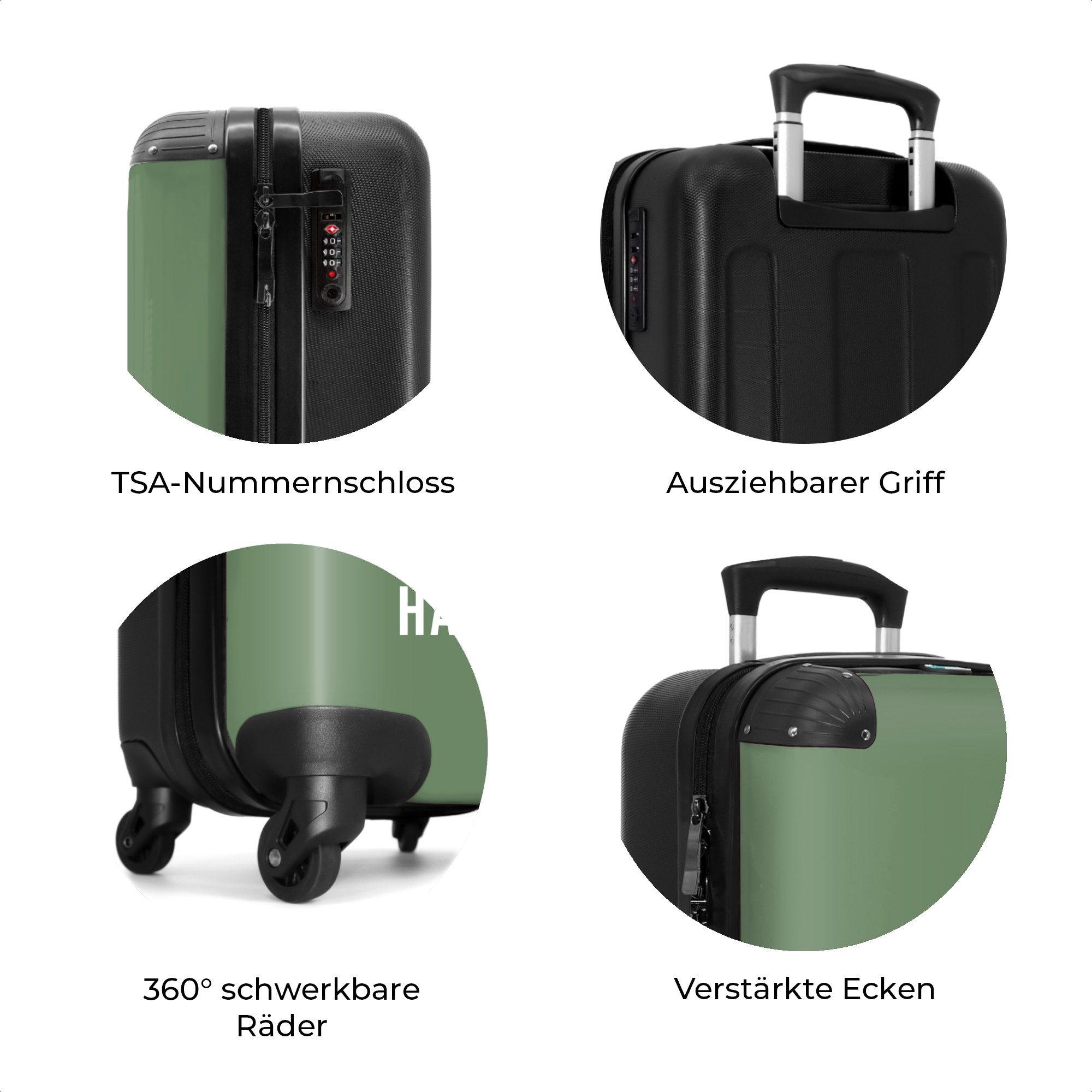 NoBoringSuitcases.com© Hartschalen-Trolley Grün mit Zitat "Tu, was dich glücklich macht". 55x35x20cm, 4 Rollen, Handgepäck Koffer & Trolleys, Luggage, Reisekoffer Frauen