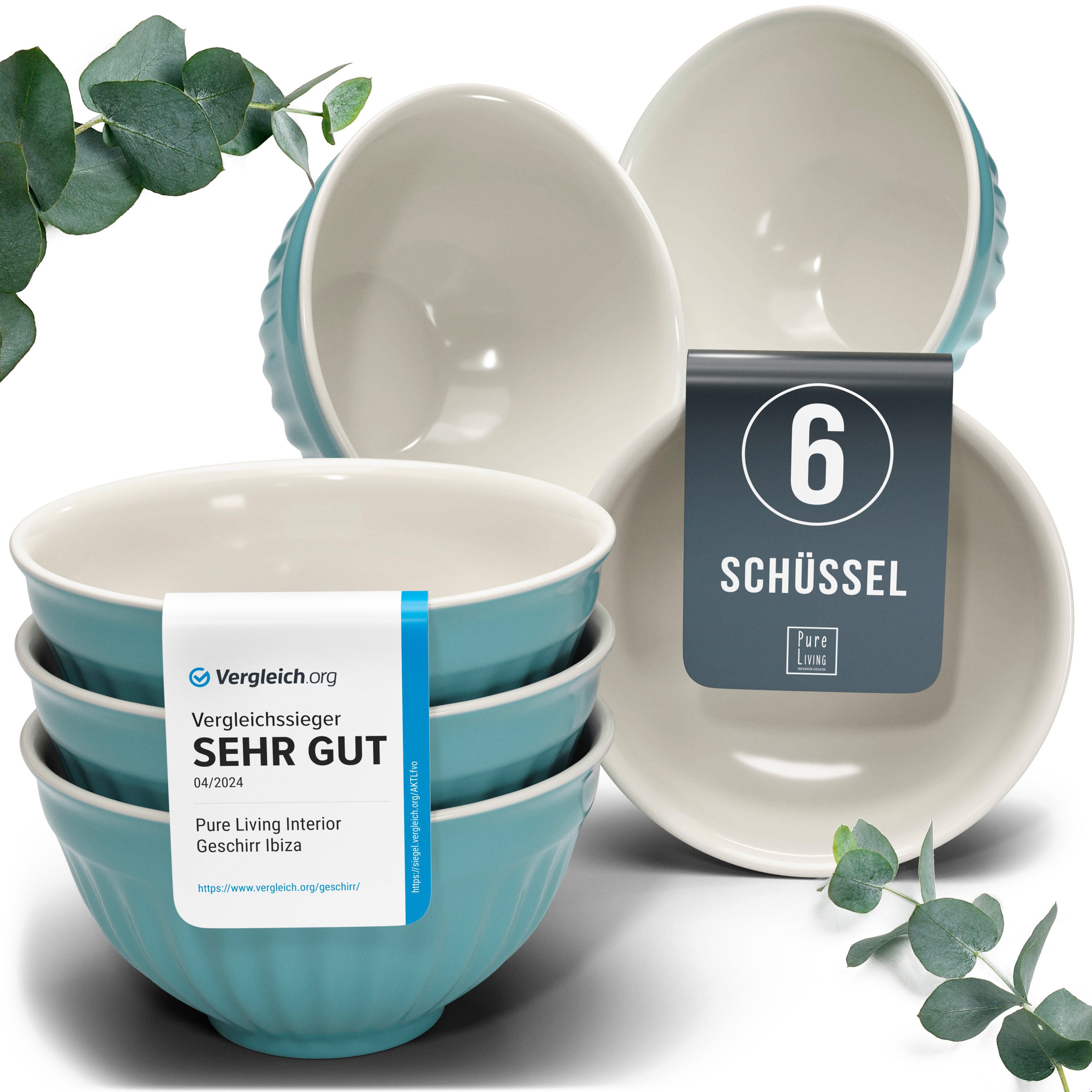 PURE LIVING INTERIOR DESIGN Geschirr-Set Hygge, 6er-Set Müslischalen, 16 cm, Riffelstruktur, Grün (6-tlg), 6 Personen, Steingut