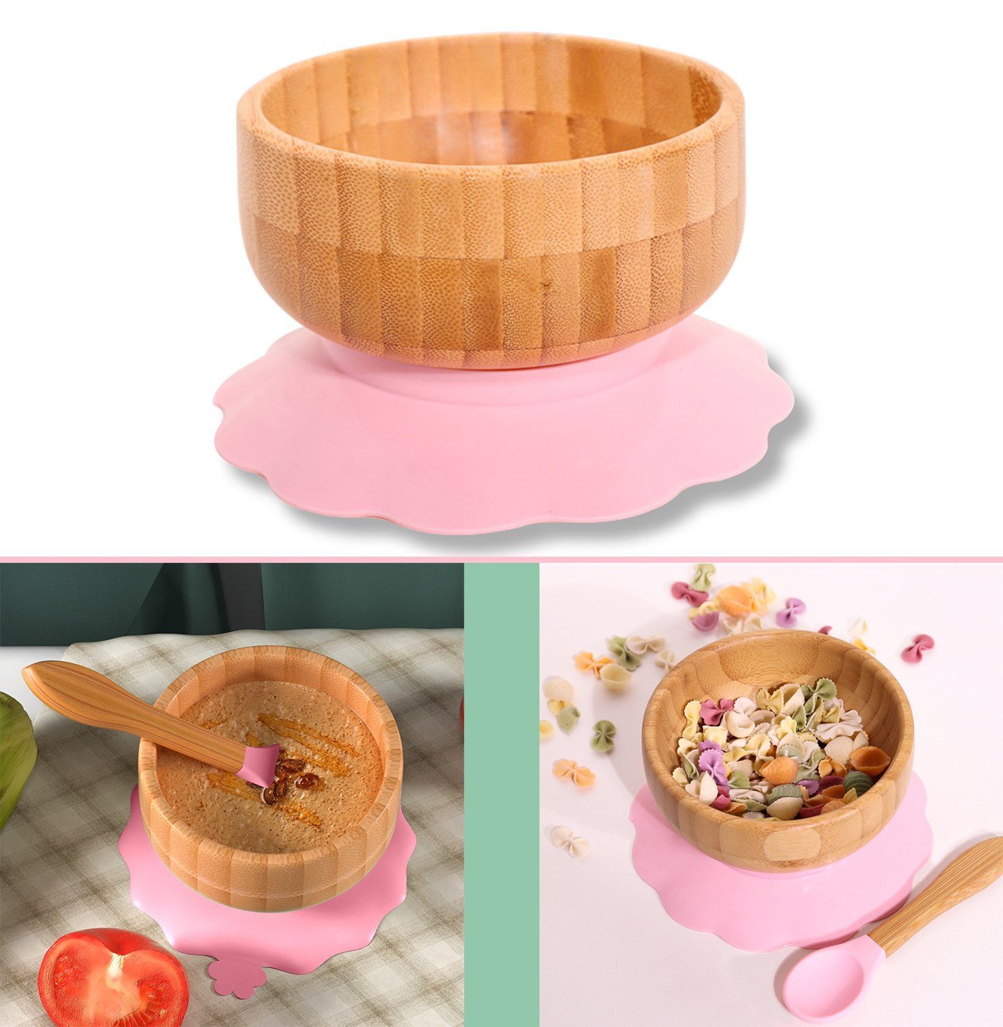 Intirilife Babyschale, (Baby Bambusschalen-Set Bambusschüssel mit Saugnapf und Löffel in Rosa, 3-tlg), Zum Essen und Füttern von Babys und Kleinkindern