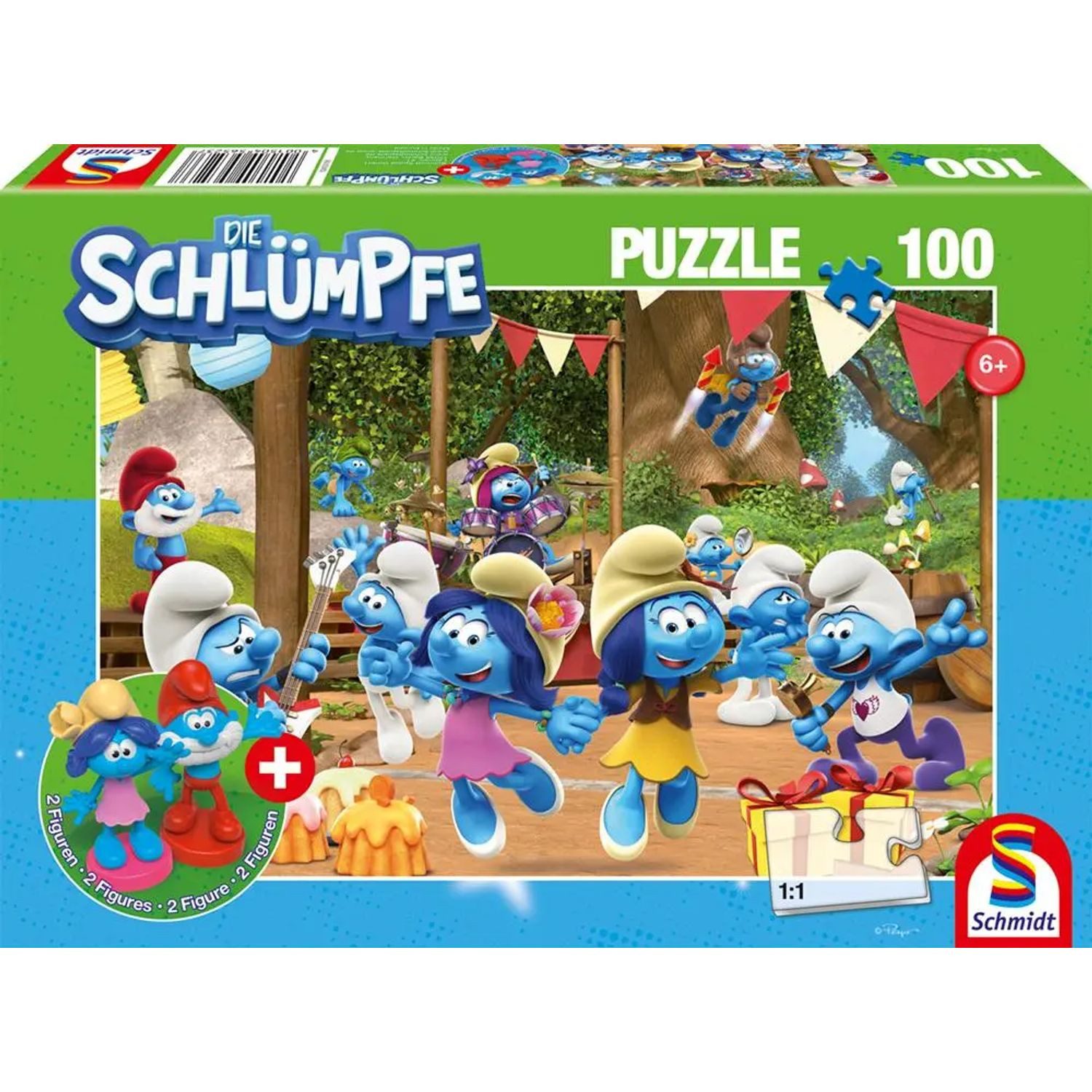 Schmidt Spiele Puzzle Verschlumpfte Party, 100 Teile, mit Add-on (2 Figuren), 100 Puzzleteile