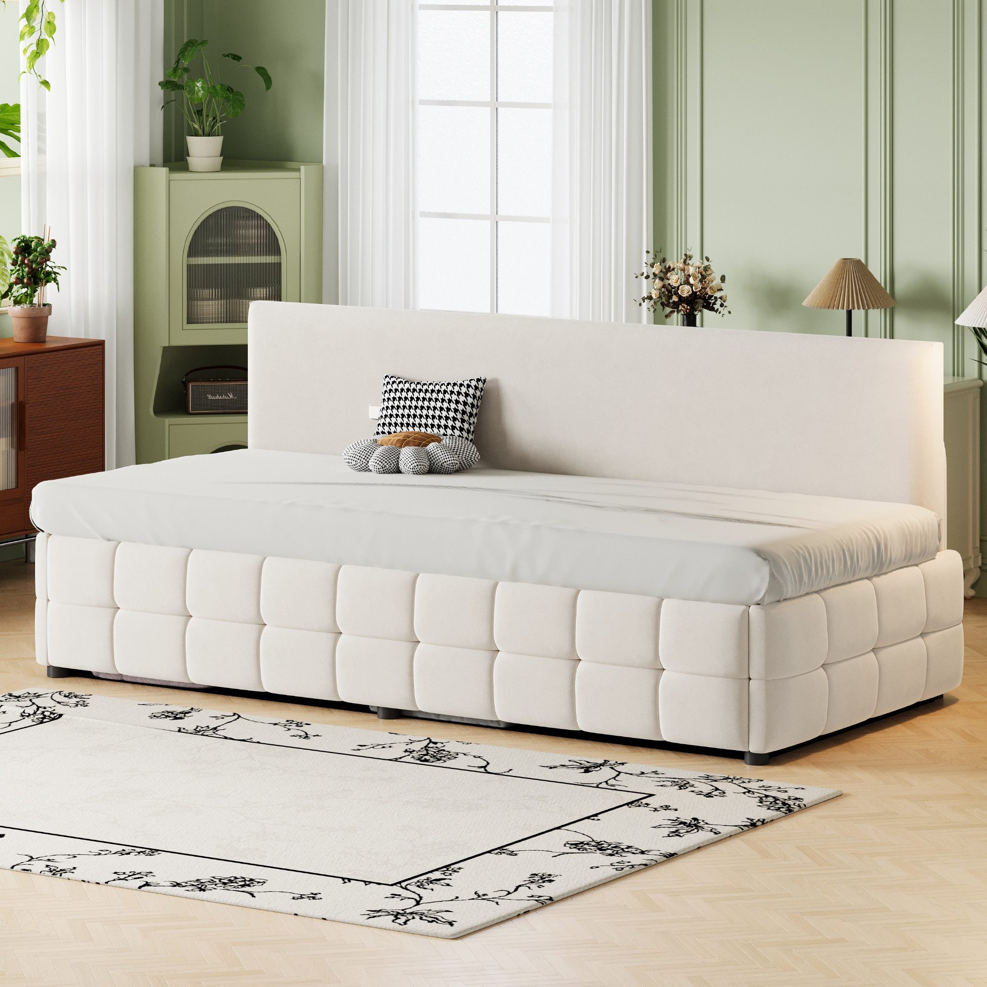 STILVORA Schlafsofa 90x200 mit Bettkasten,Tagesbett Daybett mit Lattenrost,Samtstoff, mit hydraulischem Stauraum, Rückenlehne ohne Armlehnen, klassisches Karomuster, Samtbezug 90x200 cm, ohne Matratze