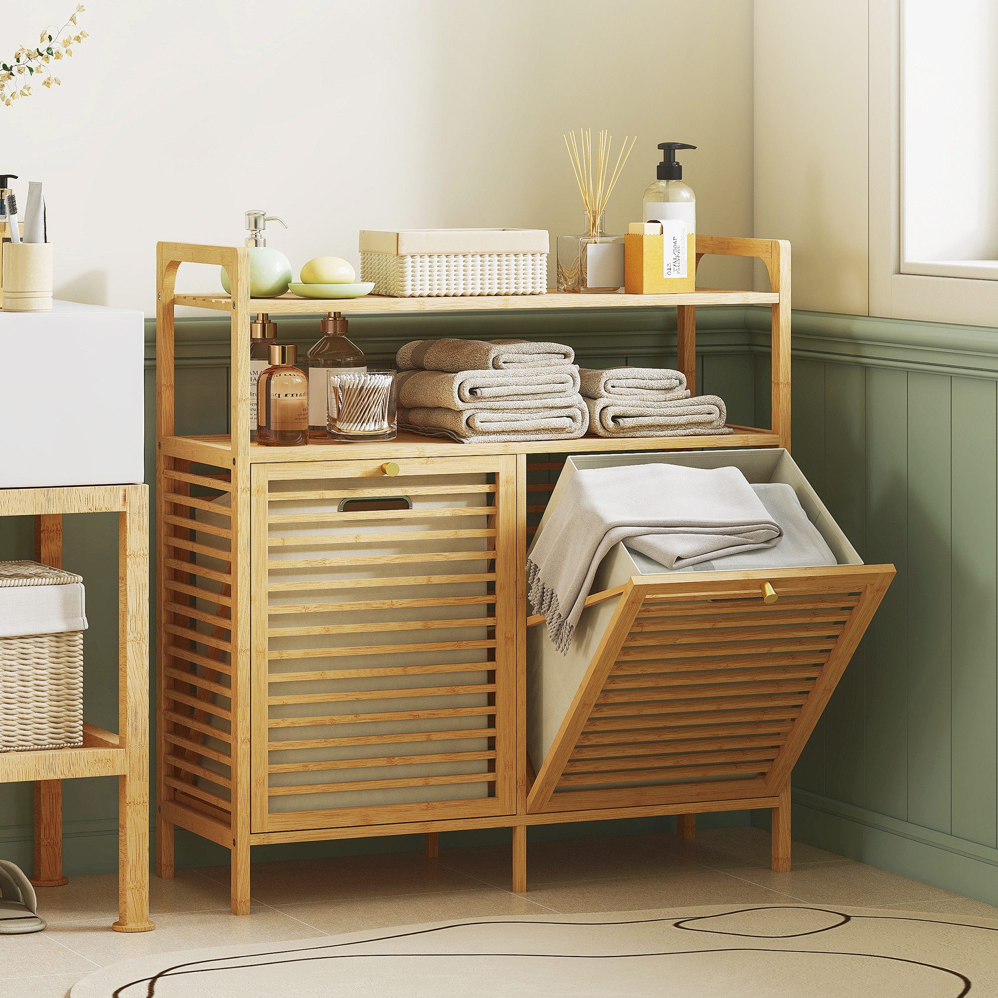 HOMCOM Wäschekorb Wäscheregal, Wäschesortierer, 2 Fächer je 41 L, Bambus (Wäschesammler, 1 St., Badmöbel), für Badezimmer, Naturholz
