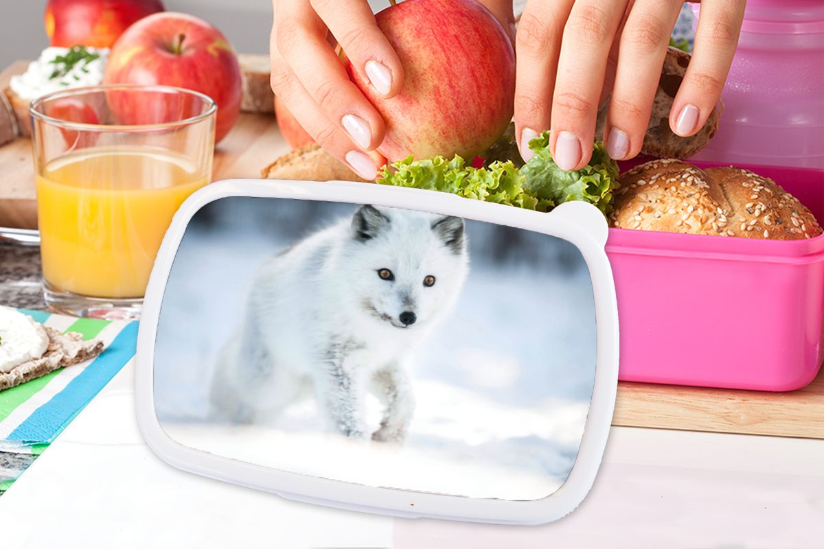 MuchoWow Lunchbox Fuchs - Weiß Brotdose Brotbox rosa (2-tlg), Erwachsene, Schnee, Kinder, Kunststoff Mädchen, Kunststoff, Snackbox, für 