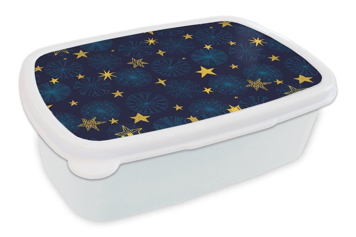 MuchoWow Lunchbox Sterne - Schnee - Muster - Weihnachten, Kunststoff, (2-tlg), Brotbox für Kinder und Erwachsene, Brotdose, für Jungs und Mädchen weiß