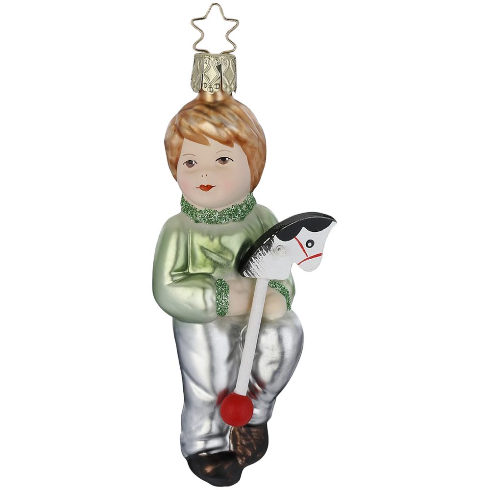 INGE-GLAS® Christbaumschmuck Junge mit Steckenpferd, Hopp, Hopp, Hopp 12cm (1-tlg), mundgeblasen, handbemalt
