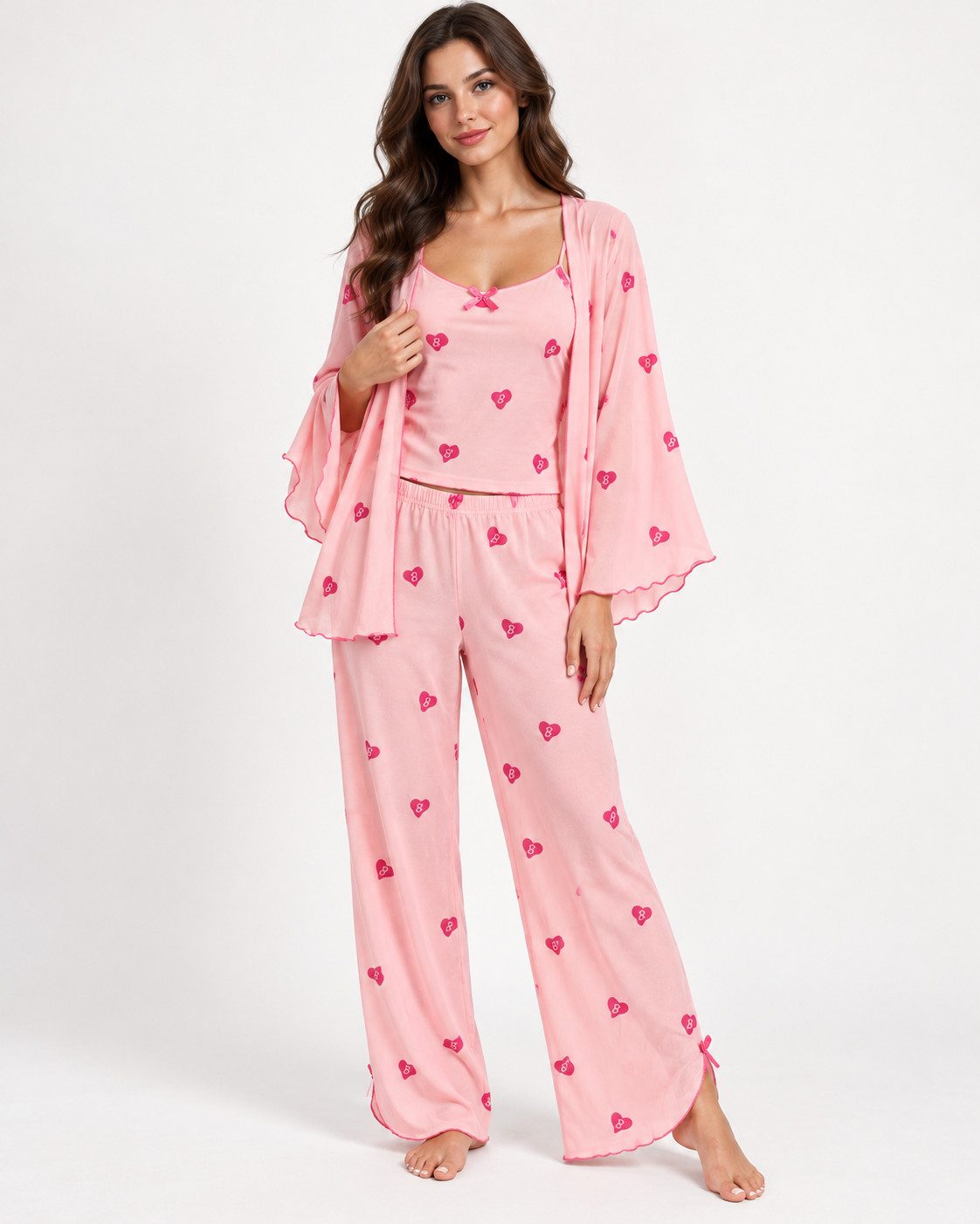 fashionshowcase Pyjama Damen 3-teilig mit Morgenmantel, Hausanzug mit Top und langer Hose (3-teilig, 3 tlg., Trägertop, Hose, Morgenmantel) Mit Morgenmantel, femininen Schleifendetails und fließendem Stoff
