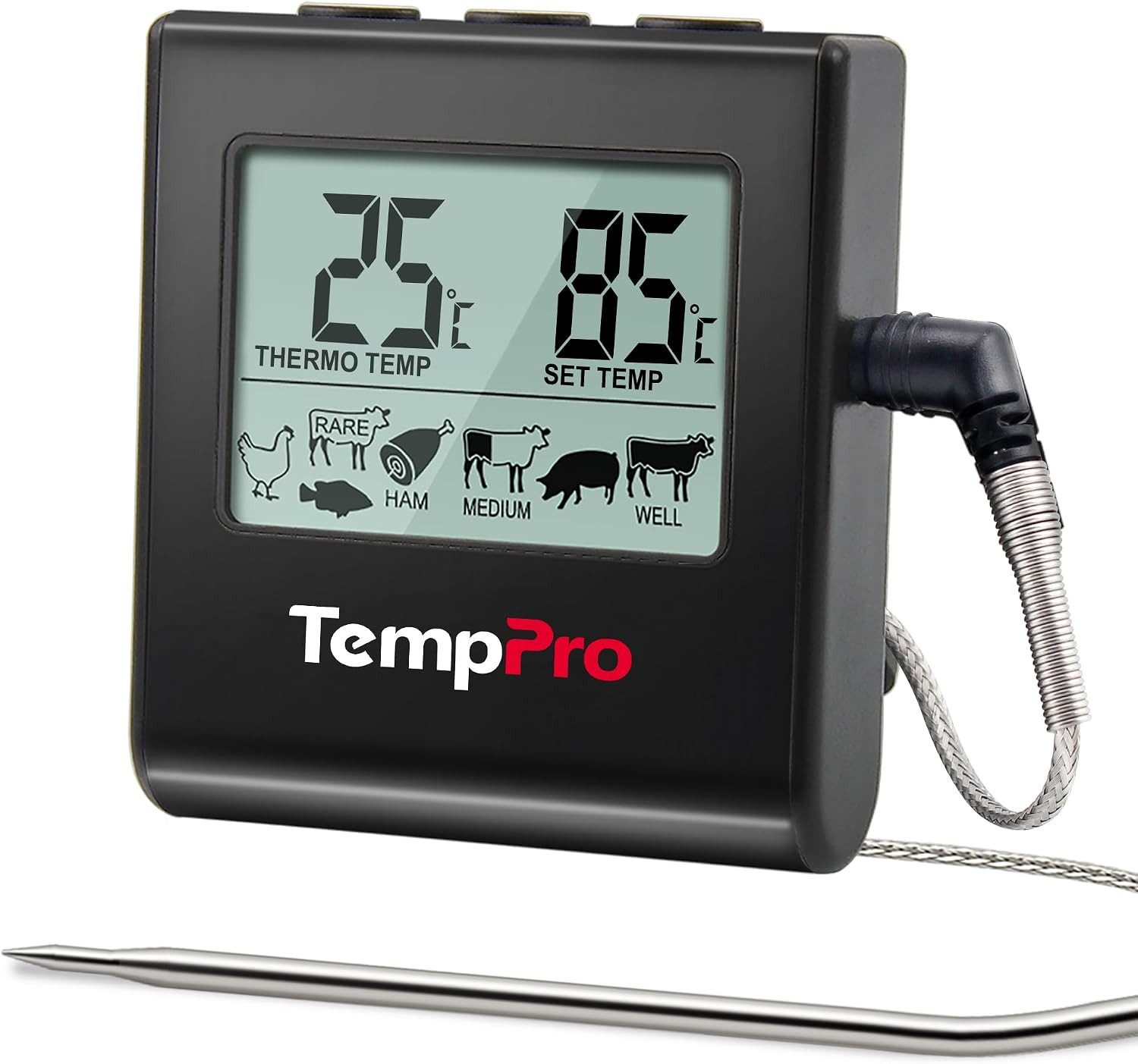 ThermoPro Grillthermometer TP16, Grillthermometer mit Sonde, Timer, Alarm, bis 300 °C, LCD