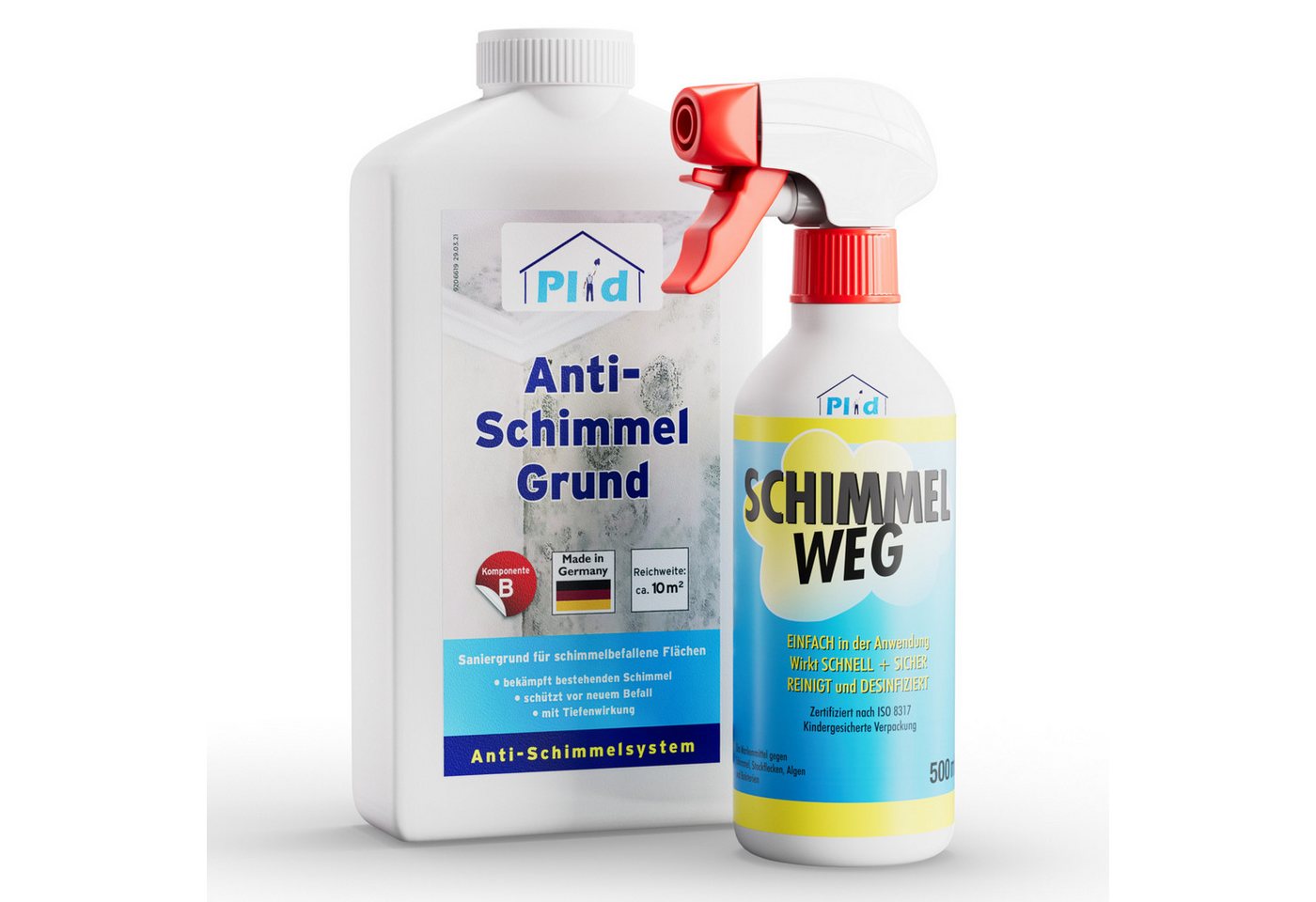plid Wand- und Deckenfarbe Premium Schimmelschutz-Set Schimmelentferner Schimmelgrundierung, Schnelltrocknend, Schimmelbeständig, Überstreichbar