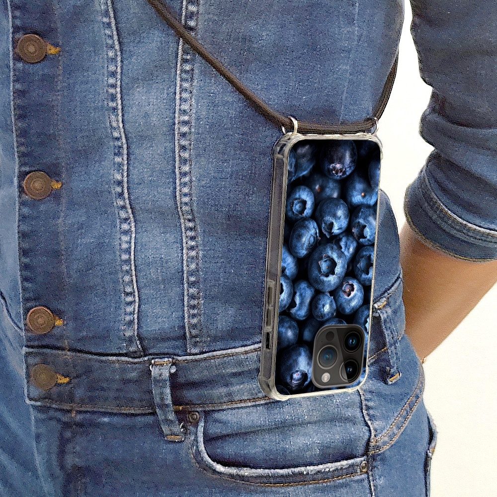 MuchoWow Handyhülle für Apple iPhone 14 Pro Beeren - Blau - Obst, Tragbare Handyhüllen mit Kette zum umhängen, Handykette Handyband