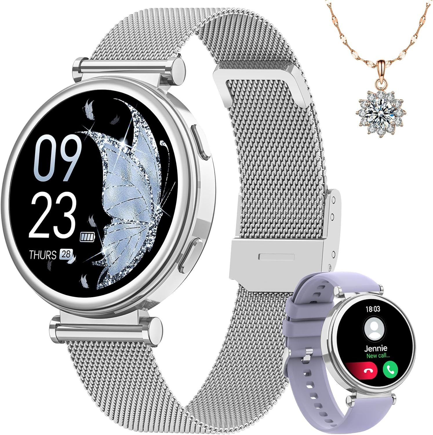 Sanorum Damen Smartwatch 1,47" mit Halskette als Geschenk SpO2, Puls Smartwatch (3,73 cm/1,47 Zoll) Damen Fitness-Tracker mit Pulsmesser und Zyklusfunktion, Smartwatch mit Ladekabel, Anleitung, Geschenkverpackung, Damen Smartwatch mit Telefonfunktion und Zykluserinnerung
