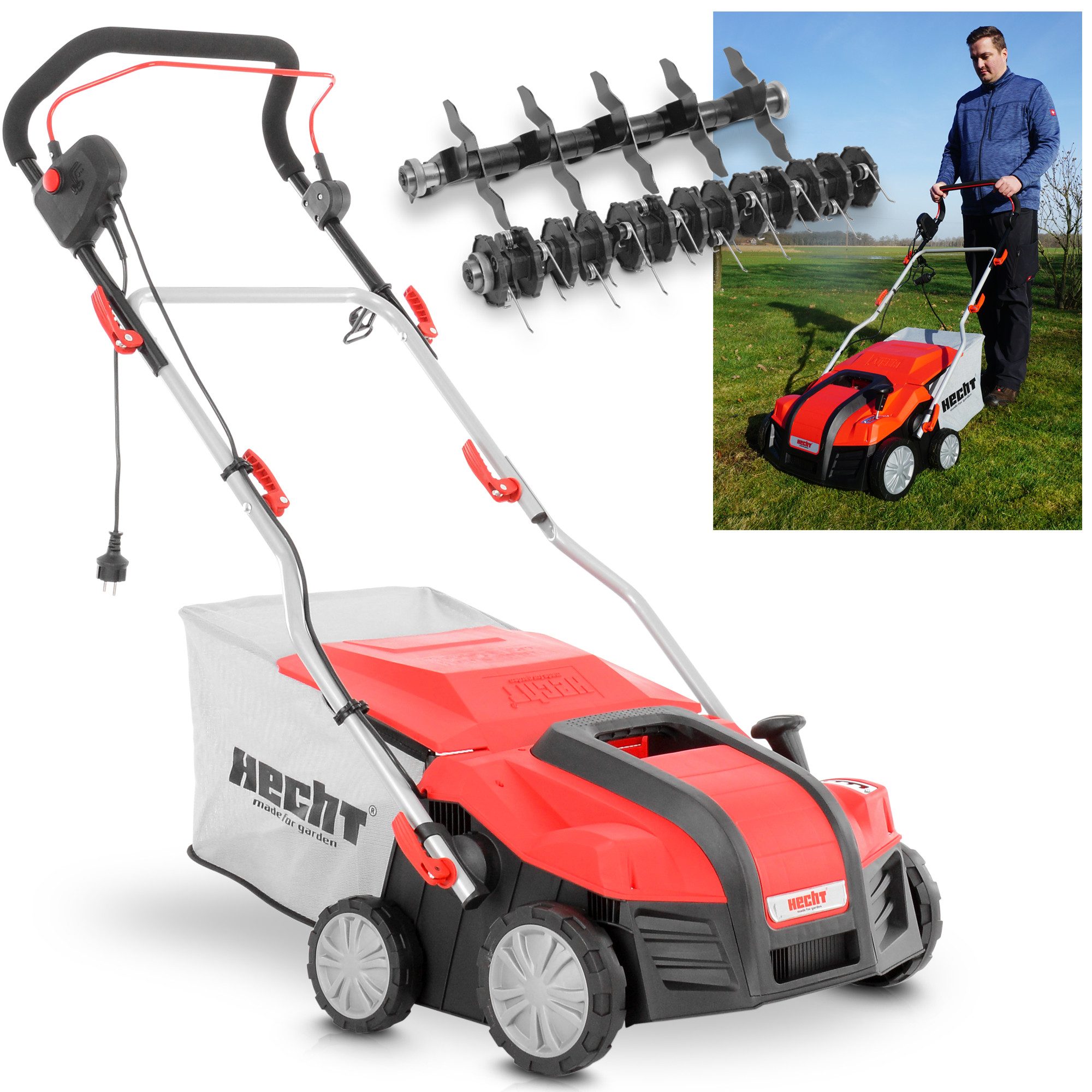 Hecht ElektroVertikutierer / Lüfter 2in1 mit 55 Liter Grasfangkorb, 38